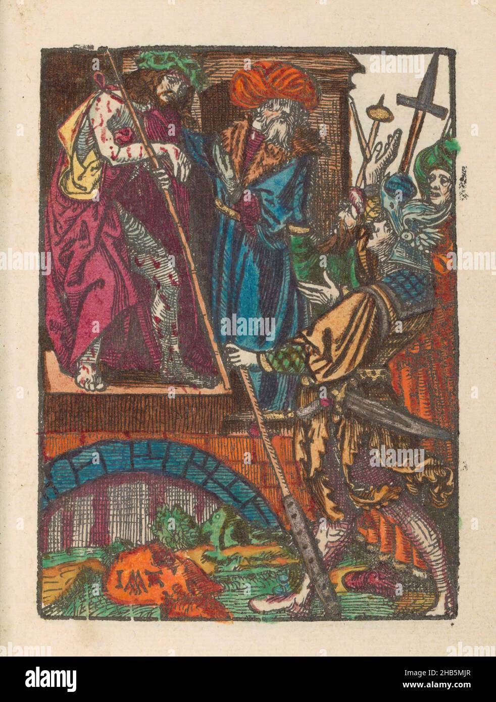 Cristo mostrato al popolo (Ecce Homo), la piccola Passione (titolo della serie), la passione stupida (titolo della serie), Cristo è mostrato al popolo da Pilato. Un soldato guarda in su. La stampa fa parte di un libro., tipografia: Jacob Cornelisz van Oostsanen (menzionato sull'oggetto), editore: Doen Pietersz., Amsterdam, 1520 - 1521 e/o c.. 1530, carta, altezza 111 mm x larghezza 81 mm altezza 159 mm x larghezza 101 mm Foto Stock