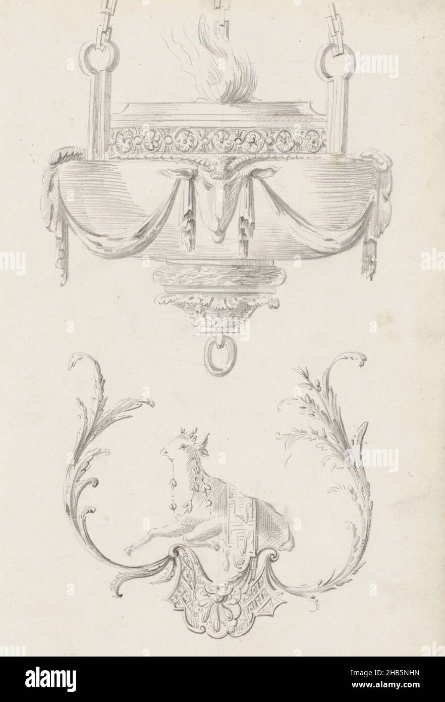 Ornamenti con un altare e un toro, un toro parzialmente coperto di stoffa con ghirlanda intorno al collo in una cornice con motivi di palma. Sopra di esso un altare sacrificale decorato con un effigie della testa di una capra. Foglio 60 recto da un libro di schizzo con 63 fogli Foto Stock