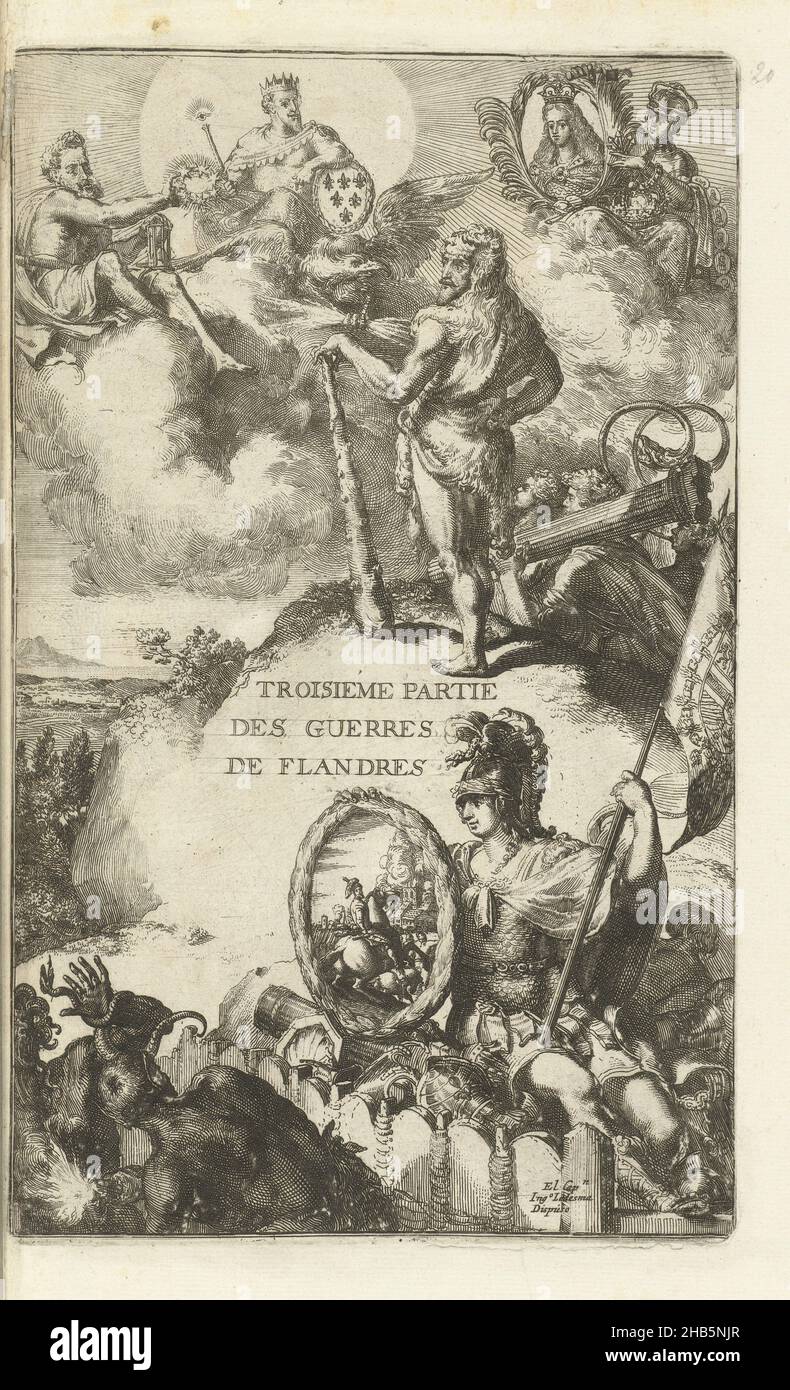 Titolo stampato per il terzo volume di Guerres de Flandres, Troisieme partie des Guerres de Flandres (titolo sull'oggetto), Guerres de Flandres (titolo della serie), titolo allegorico stampato per il terzo volume di Guerres de Flandres. Il generale Alexander Farnese, duca di Parma, come Ercole con pelle di leone e club in piedi su una collina. Nelle nuvole figure con attributi del duca trionfante e un ritratto di un giovane re. In primo piano, Minerva con bandiera spagnola mostra un ritratto equestre del Duca di Parma incorniciato da una corona di alloro, al terrore del nemico., stampatore: Romeyn de Hooghe ( Foto Stock