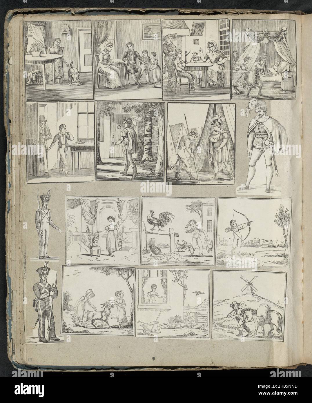 Pagina dell'album con varie rappresentazioni, pagina dell'album con 16 rappresentazioni ritagliate da stampe principalmente folk, tra cui di soldati, bambini che giocano e famiglie., tipografia: Alexander Cranendoncq (menzionato sull'oggetto), Nijmegen, 1814 - 1869, carta, intestatura, altezza 395 mm x larghezza 331 mm Foto Stock