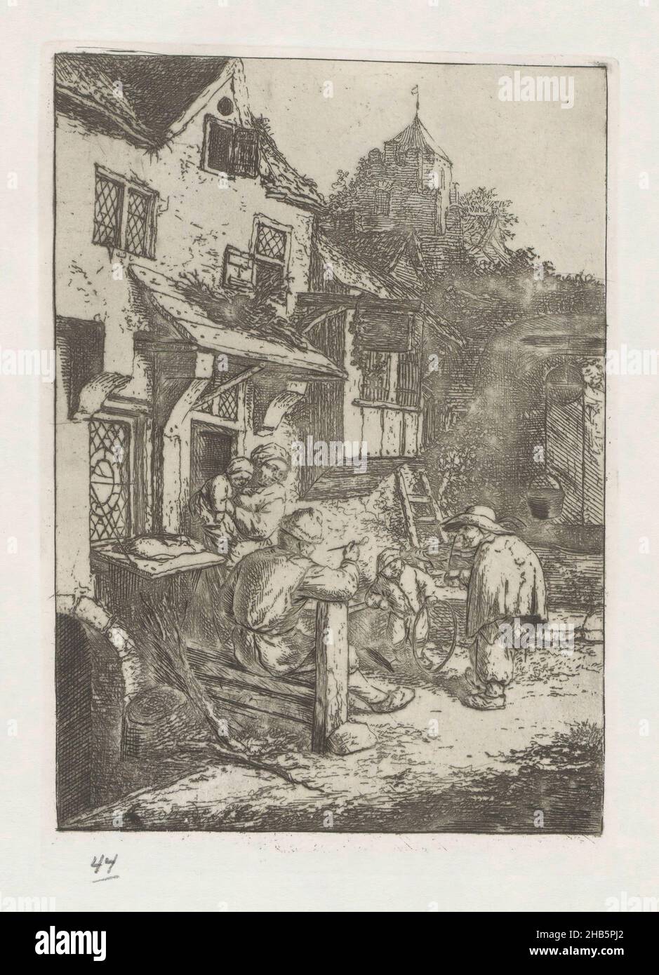 Un fiddler humped di fronte ad una locanda, Un piccolo uomo con una parte posteriore accovacciata suona il violino davanti all'entrata ad una locanda. Nella porta si alza una donna con un bambino piccolo sul suo braccio. Su una recinzione, un uomo fuma un tubo e un ragazzino si alza in piedi ascoltando con un cerchio in mano. La stampa fa parte di un portafoglio., tipografo: Adriaen van Ostade (citato in oggetto), disegnatore intermedio: Adriaen van Ostade, Haarlem, 1652 - 1656 e/o 1941, carta, incisione, altezza 162 mm x larghezza 114 mm Foto Stock