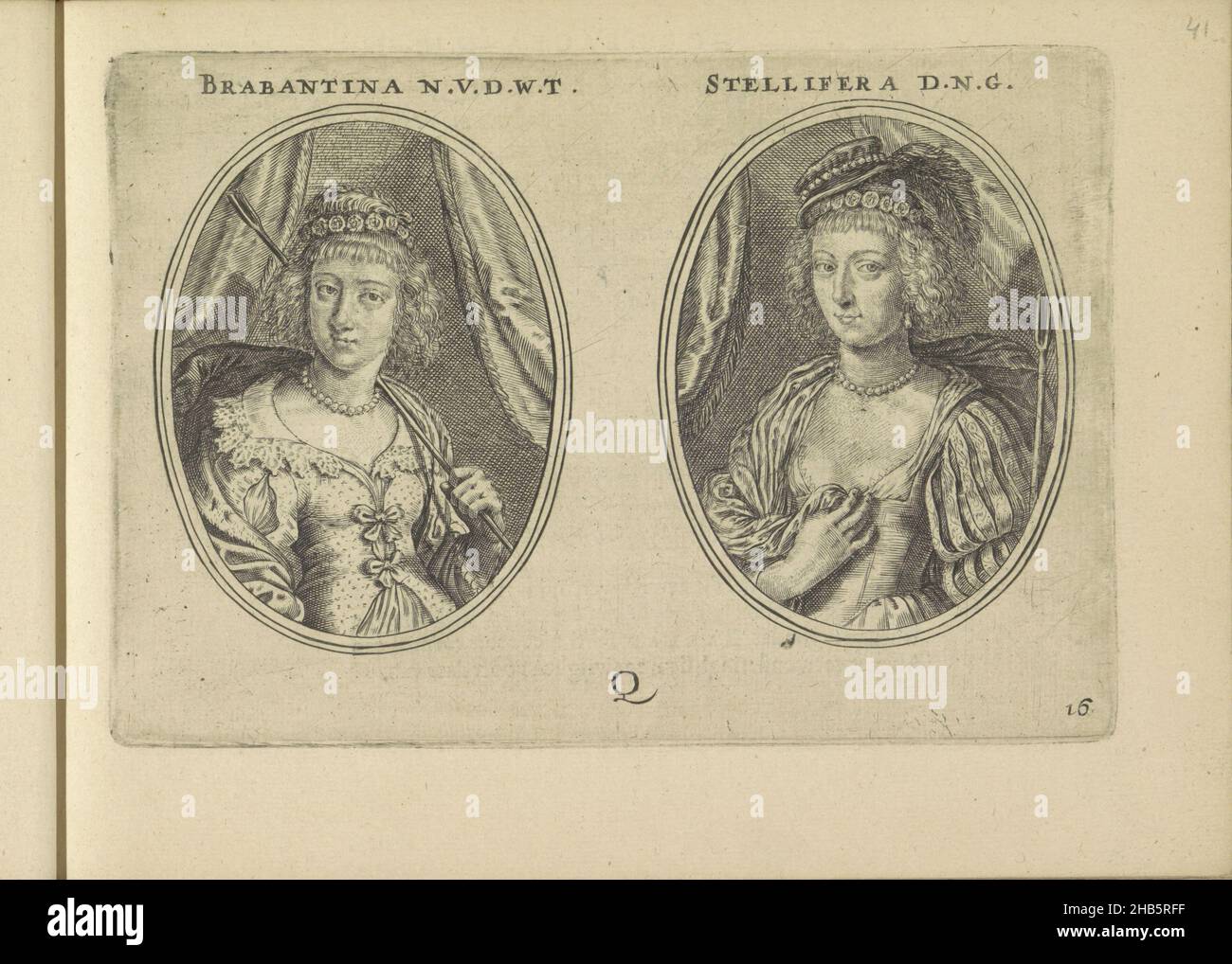 Ritratti di Barbara van den Broeck e di una donna sconosciuta, entrambi come pastoratrici, Brabantina N.V.D.T., Stellifera D.N.G. (Titolo sull'oggetto), Les vrais pourtraits de quelques unes des Plus grandes dames de la chrestiente desguisees en bergeres. (Titolo della collana), due rappresentazioni su una foglia di album. Sulla sinistra, il ritratto di Barbara van den Broeck come Brabantina N.V.D.W.T. A destra, il ritratto di una donna sconosciuta come Stellifera D.N.G. Le donne hanno in mano uno staff pastore. Numerati in basso: Q e 16. Il foglio fa parte di un album., stampatore: Crispijn van de Passe Foto Stock