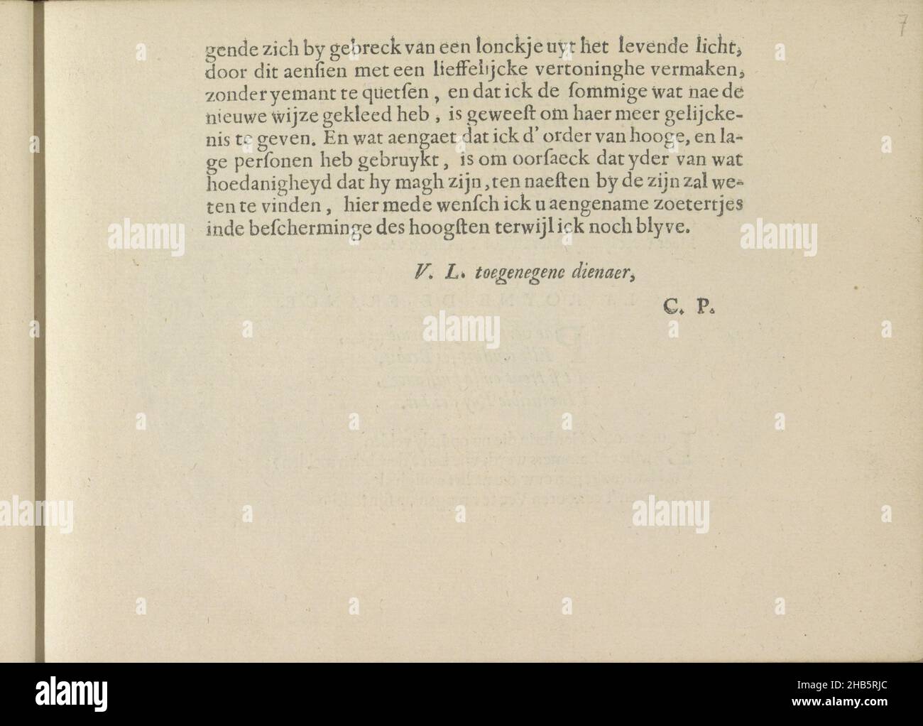 Prefazione in lingua olandese, pagina 2, AEN d'Amstelse jongk-vrouwen (titolo sull'oggetto), Les vrais pourtraits de quelques unes des Plus grandes dames de la chrestiente desguisees en bergeres. (Titolo della collana), prefazione in lingua olandese su due pagine: Pagina 2. Il testo è firmato con: U.L. toegene dienaer, C.P. Il foglio fa parte di un album., Crispijn van de Passe (II) (menzionato sull'oggetto), editore: Crispijn van de Passe (II), Amsterdam, 1640, carta, stampa letterpress, altezza 140 mm x larghezza 190 mm Foto Stock