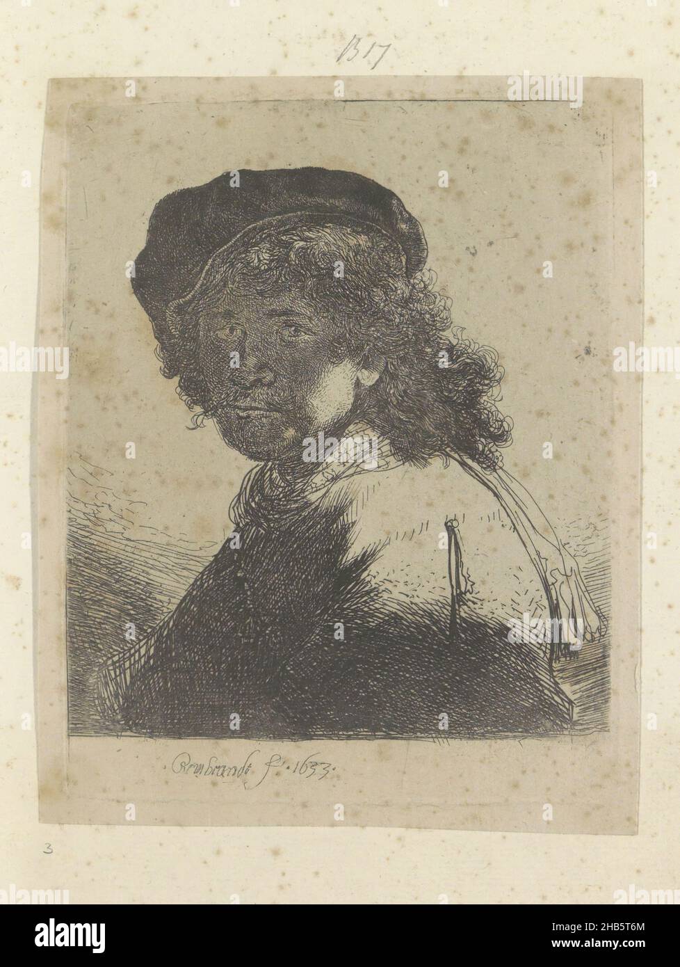 Autoritratto con beretto e nickerchier, il volto in ombra, Recueil de quatre-vingt-cinq estampes originales (titolo della serie), la stampa fa parte di un album., tipografo: Rembrandt van Rijn (menzionato sull'oggetto), editore: Henry Louis Basan, Parigi, 1633 e/o 1807 - 1808, carta, incisione, altezza 132 mm x larghezza 103 mm Foto Stock