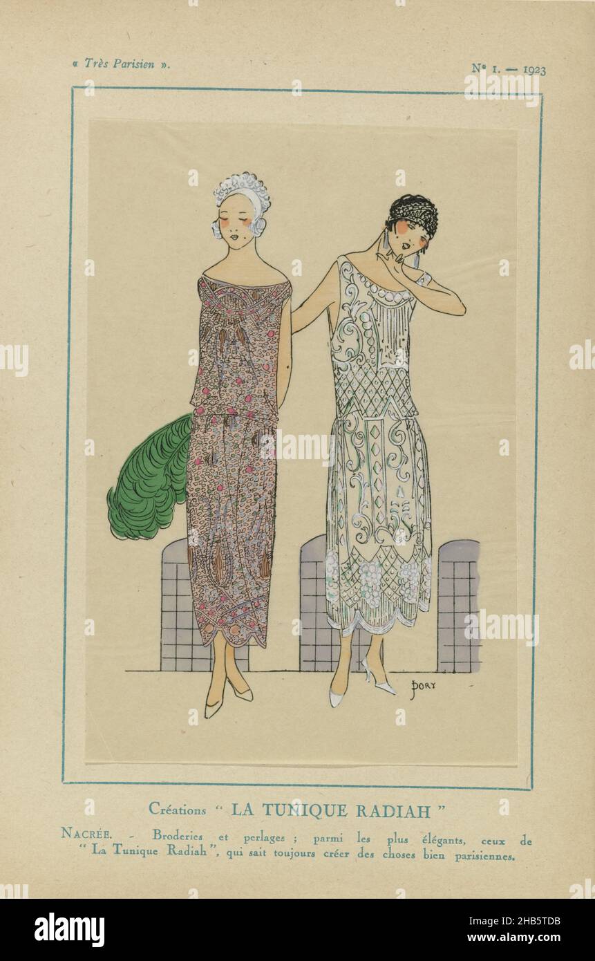 Très Parisien, 1923, No 1: Creazioni LA TUNIQUE RADIAH, due camici da sera di 'la Tunique Radiah', guarniti con ricami e perle. Stampa dalla rivista di moda Très Parisien (1920-1936)., tipografo: anonymous, disegnatore: J. Dory, Paris, 1923, carta, stampa tipografica, altezza 269 mm x larghezza 180 mm Foto Stock