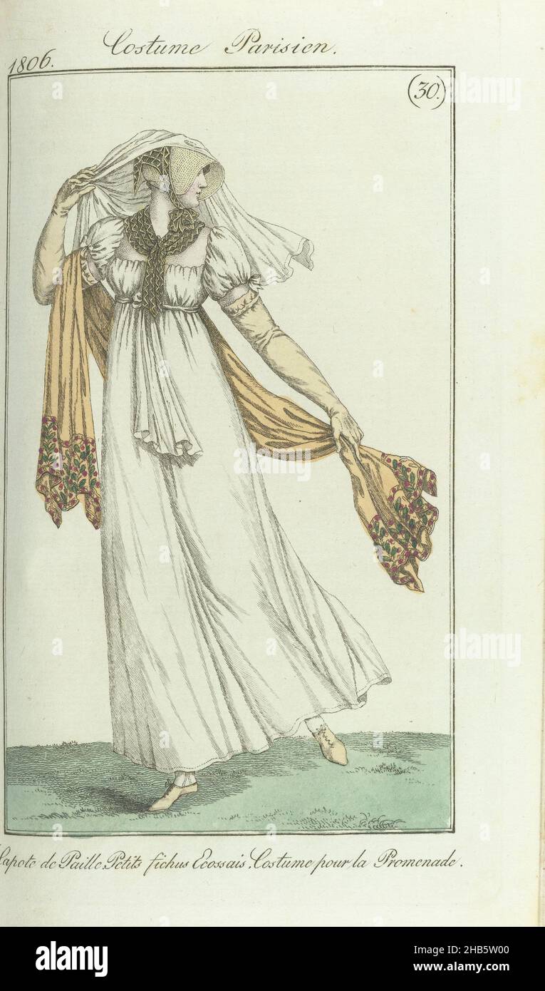 Journal des Dames et des Modes, Frankfurt Edition 21 juillet 1806, Costume Parisien (30): Capote de Paille..., secondo la didascalia, la donna indossa un costume da passeggio. Il testo di accompagnamento (pag. 109) dichiara: cappello di paglia bianca, su cui un piccolo fichu plaid. Fichu dello stesso tessuto intorno al collo. Abito di mussola bianca. Cinghia che cade dalla parte anteriore in due metà. Maniche spugnetta corte. Sciarpa di seta ricamata in camoscio. Scarpe aperte in camoscio. La stampa fa parte della rivista di moda Journal des Dames et des Modes, pubblicata a Francoforte come copia dell'edizione francese di Foto Stock