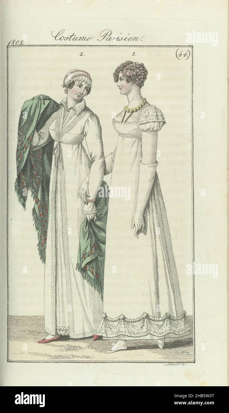 Journal des Dames et des Modes, Francoforte edizione 30 ottobre 1808, Costume Parisien (44), il testo di accompagnamento (pagg 133 e 134) stati: Fig. 1: Acconciatura 'à la Titus'. Collana di ambra. Abito di percale, (all'orlo) guarnito con un'ampia striscia. Guanti bianchi e scarpe bianche. Fig. 2: Cofano del tulle. Abito di percale a maniche lunghe. Sciarpa di seta verde. (Papavero) scarpe rosse. La stampa fa parte della rivista di moda Journal des Dames et des Modes, pubblicata a Francoforte come copia dell'edizione francese di Pierre de la Mésangère, (1798-1848)., tipografia: Friedrich Ludwig Neubauer, editore: J Foto Stock