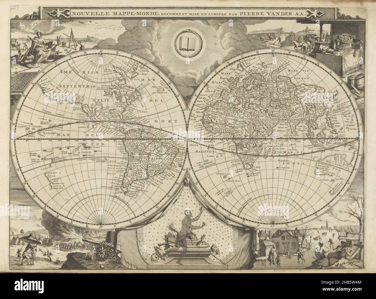 Mappa del mondo, Nouvelle Mappe-Monde (titolo sull'oggetto), Les Indes Orientales et Occidentales et autres lieux (titolo della serie), Mappa del mondo in due emisferi: Gli emisferi occidentale e orientale. Negli angoli rappresentazioni delle quattro stagioni e/o dei quattro elementi. Al vertice astronomia con dietro di esso aratura e semina agricoltori in autunno. Nel cielo due segni astrologici dell'autunno: Sagittario e Bilancia. In questo modo gli uccelli nel cielo partono per i luoghi più caldi. In primo piano, una donna siede su due cannoni, stemma e tamburo. Ha un libro e un ramo di palma, possibilmente Foto Stock