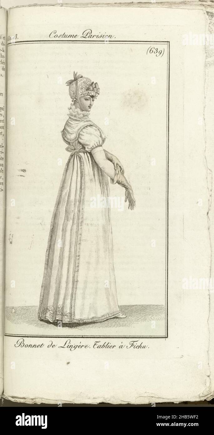 Journal des Dames et des Modes, Costume Parisien, 1805, AN 13 (639) Bonnet de Lingère..., Donna a destra, in abito bianco con grembiule bianco e fichu (Tablier en fichu). Guanti lunghi. Cappello con nastro e arco., stampatore: Horace Vernet, editore: Pierre de la Mésangère, 1805, carta, incisione, altezza 181 mm x larghezza 112 mm Foto Stock