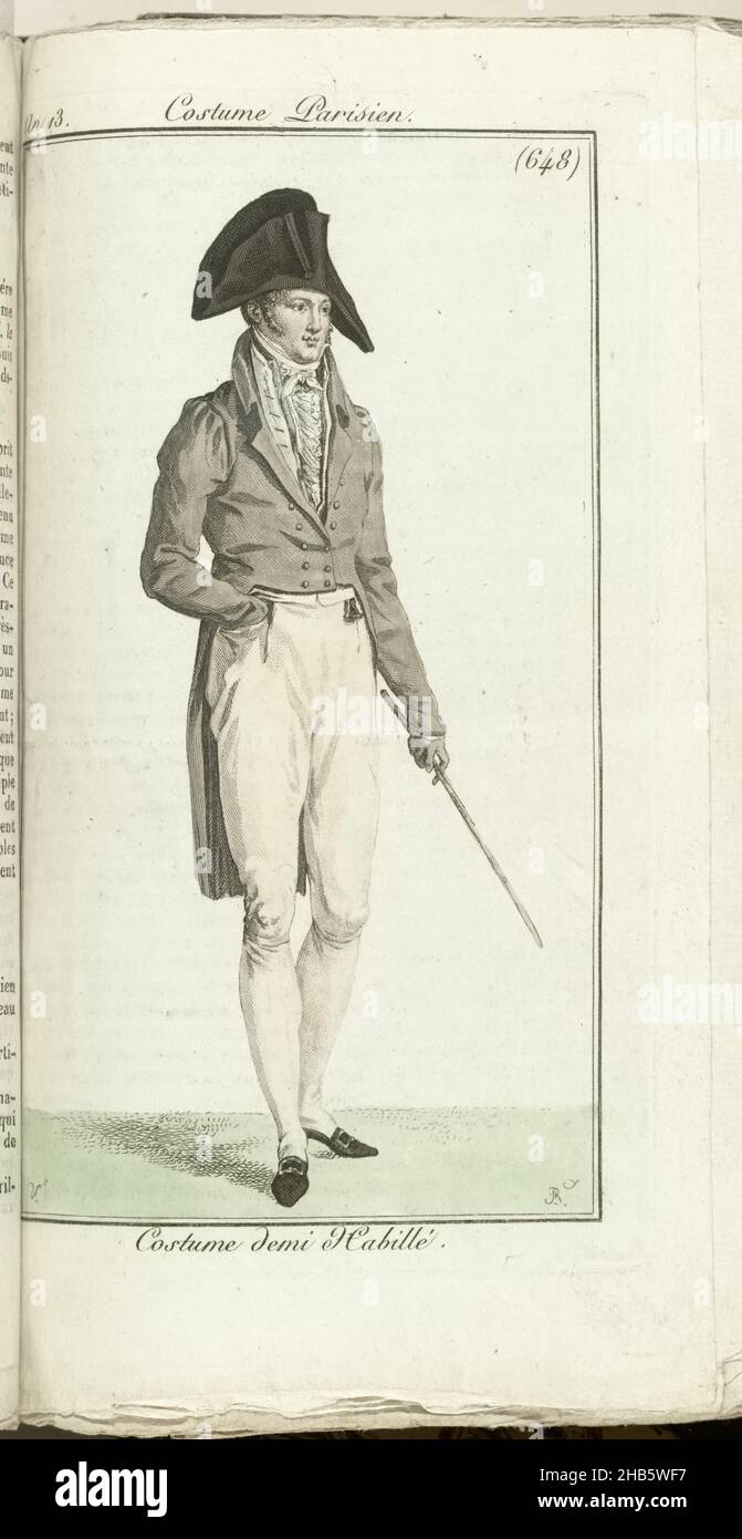 Journal des Dames et des Modes, Costume Parisien, 1805, AN 13 (648) Costume demi Habillé, uomo in piedi a destra, vestito in un costume demi habillé: frak con due file di bottoni, gilet e ginocchiere. Camicia con jabot con volant. Cravate. Calze. Accessori: Cuciture con bottone e lis, guanto, bastone da passeggio, scarpe piatte con fibbie quadrate. La stampa fa parte della rivista di moda Journal des Dames et des Modes, pubblicata da Pierre de la Mésangère, Parigi, 1797-1839., tipografia: Pierre Charles Baquoy, disegnatore intermedio: Horace Vernet, 1805, carta, incisione, altezza 181 mm Foto Stock