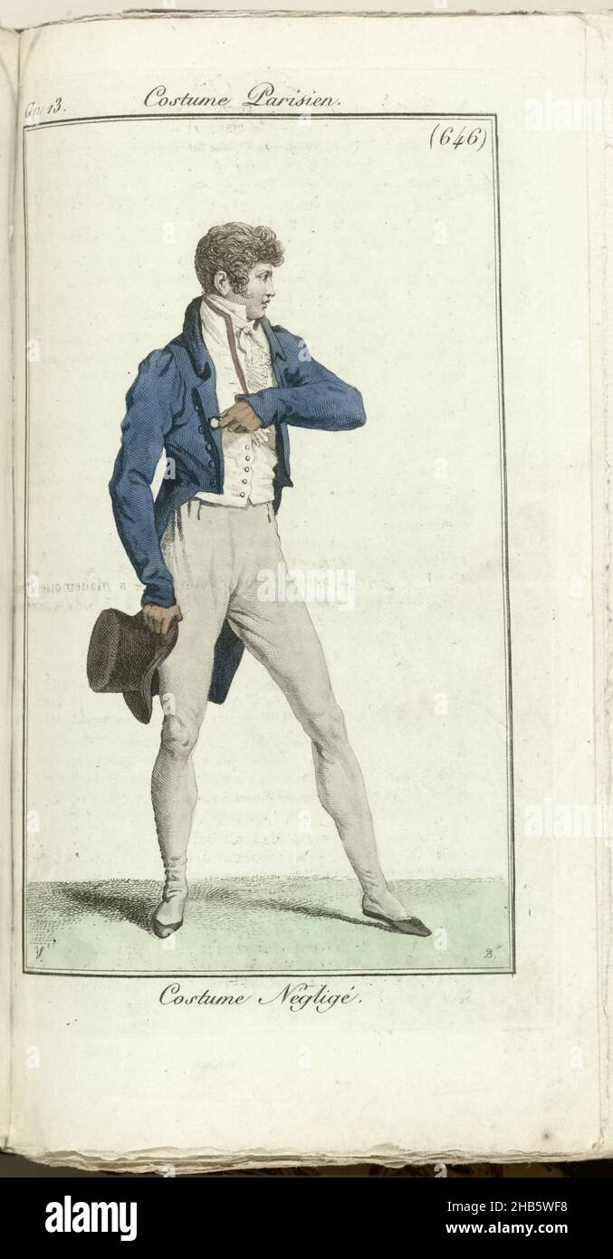 Journal des Dames et des Modes, Costume Parisien, 1805, AN 13 (646) Costume Négligé, uomo in piedi a destra, cappello in mano, vestito in 'Costume Négligé: frak, gilet e pantaloni lunghi. Camicia con jabot con volant. Cravate. Accessori: Guanti, camici, scarpe piatte. La stampa fa parte della rivista di moda Journal des Dames et des Modes, pubblicata da Pierre de la Mésangère, Parigi, 1797-1839., tipografia: Pierre Charles Baquoy, disegnatore intermedio: Horace Vernet, 1805, carta, incisione, altezza 181 mm x larghezza 112 mm Foto Stock