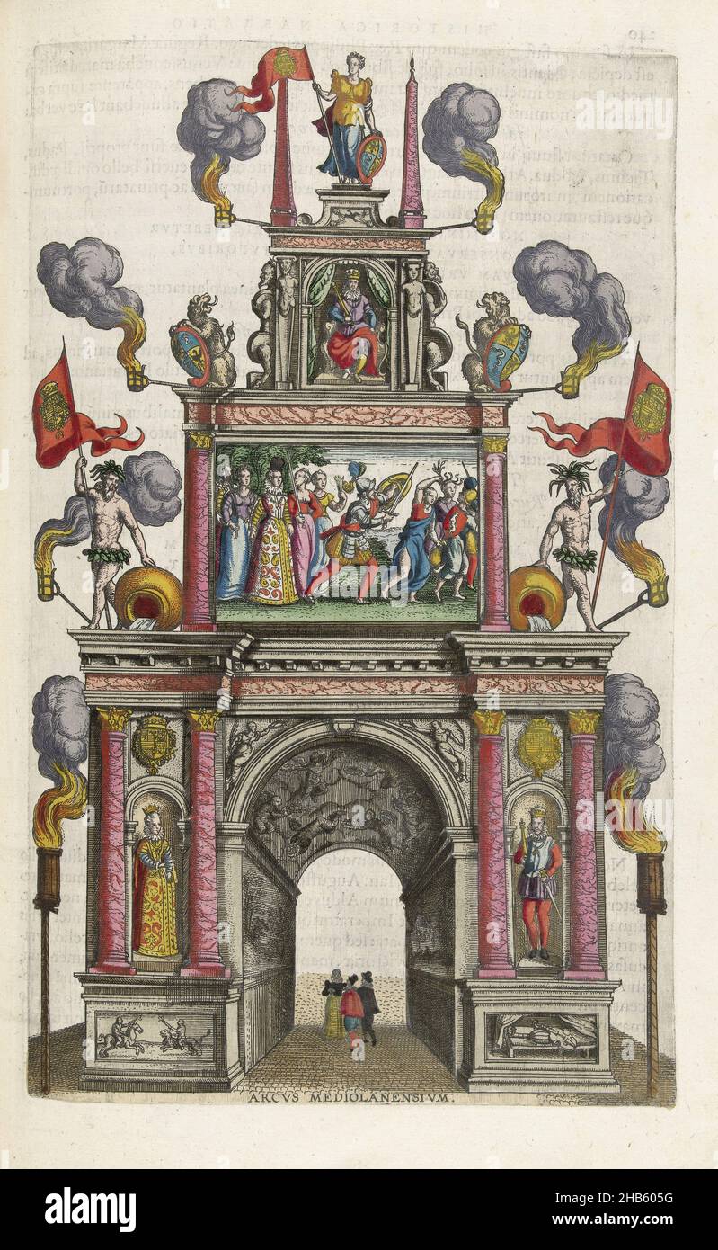 Porta trionfale Milano, 1599, Arcus Mediolanensium (titolo sull'oggetto), porta trionfale Milano, dicembre 1599. Porta trionfale decorata con una rappresentazione allegorica in cui Albrecht dispiega i furie. A sinistra e a destra della porta del fiume dei con striscioni che portano le braccia di Filippo II. Allestito a Lange Nieuwstraat nei pressi di Margravenstraat durante l'ingresso ad Anversa. Parte di: Historica narratio profectionis et inaugurationis serenissimorum belgi principum Alberti et Isabellae Austriae archivducum, la descrizione degli ingressi della coppia a Bruxelles, Anversa, Gand Valenciennes, 1599 Foto Stock