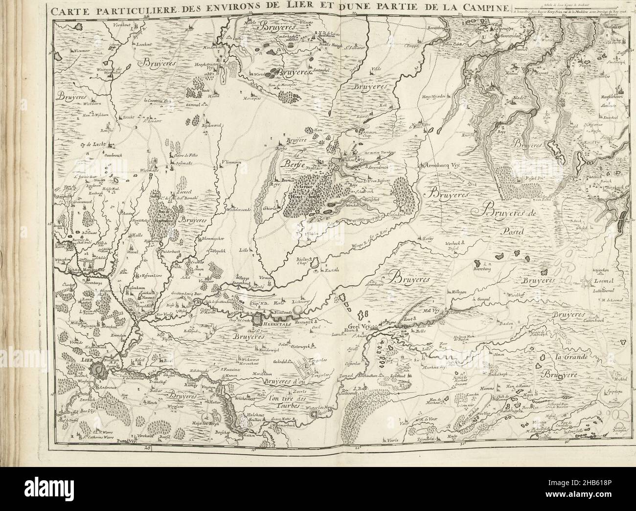 Mappa della provincia di Anversa, 1706, carte particuliere des environs de Lier et d'une partie de la Campine (titolo in oggetto), Mappa della provincia di Anversa con la città di Lier e parte del Kempen, 1706. Parte di una collezione di piani di battaglie e città famose nella Guerra di successione spagnola. Questa targa è tra le prime 24 lastre che compongono una mappa molto grande dei Paesi Bassi meridionali., tipografia: Jacobus Harrewijn (attribuito a), editore: Eugene Henry Fricx (menzionato su oggetto), Bruxelles, 1706, carta, incisione, incisione, altezza 430 mm x larghezza 570 mm Foto Stock