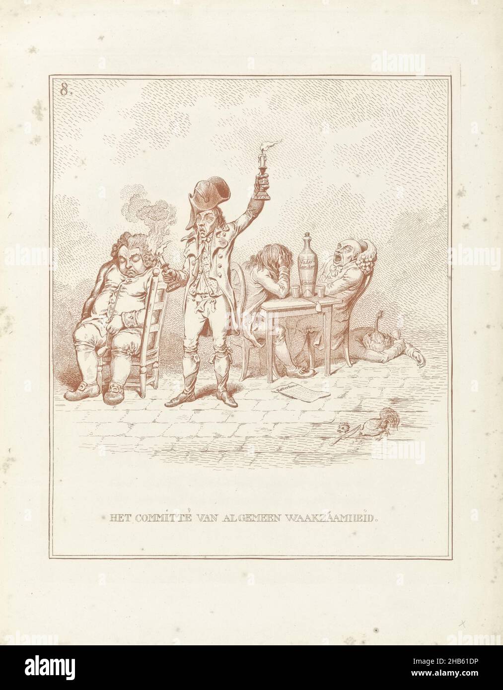 Comitato di vigilanza Generale, 1795, Comitato di vigilanza Generale (titolo in oggetto), Hollandia rigenerata (titolo della collana), Cartoon sul Comitato di vigilanza Generale, 1795. Cinque membri di questo comitato sono ubriachi e addormentati, l'uomo al centro è cieco e tiene due candele (contrassegnato P.V.O. = Principe d'Orange). Sul pavimento si trova un gallo (simbolo di vigilanza) la cui testa è stata tagliata., stampatore: James Gillray (possibilmente), disegnatore intermedio: David Hess, Londra, 1795, carta, incisione, altezza 275 mm x larghezza 219 mm Foto Stock