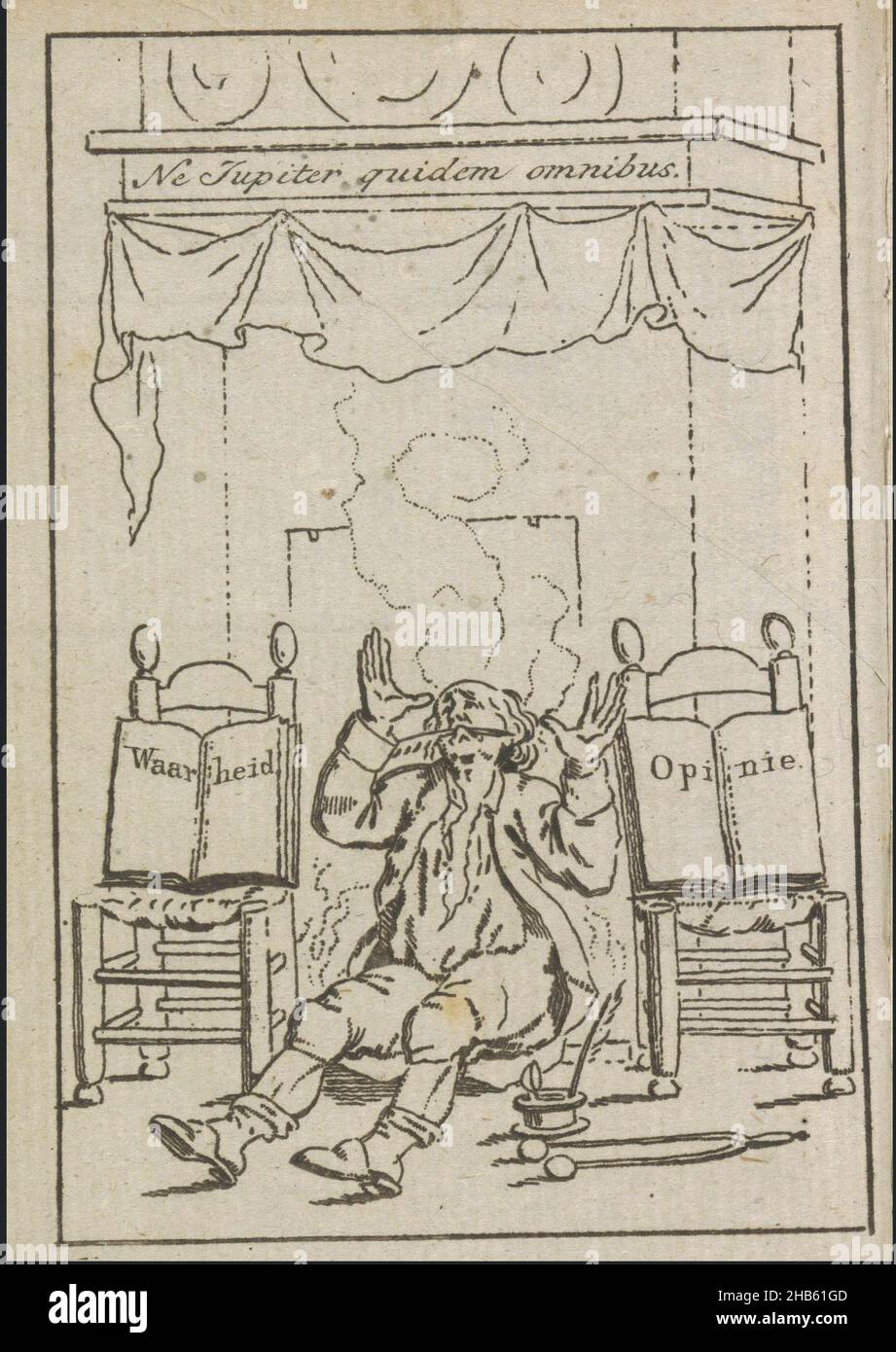 Storico radicale, 1796, Cartoon di uno scrittore seduto turbato nelle ceneri incandescenti sul pavimento prima del camino. Alza le mani nell'aria e tiene in bocca un quillo. Su entrambi i lati di lui due libri sulle sedie: A sinistra la verità, a destra l'opinione. Illustrazione in Almanac di Pieter van Woensel 'De Lantaarn for 1796'., tipografia: Pieter van Woensel, Paesi Bassi, 1795 - 1796, carta, incisione, altezza 120 mm x larghezza 80 mm Foto Stock