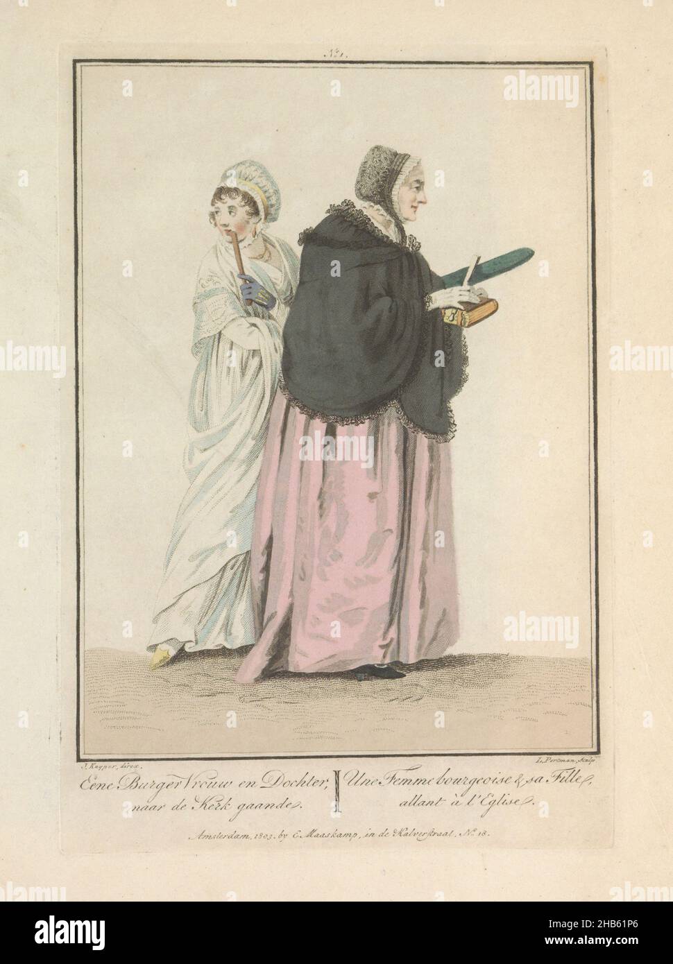 Madre e figlia camminando verso la Chiesa, una donna e figlia cittadina, andando verso la Chiesa, une Femme bourgeoise &amp; sa Fille, allant à l'Eglise (titolo sull'oggetto), Una donna cittadina e sua figlia camminando verso la Chiesa. La donna che tiene una Bibbia, e la figlia che tiene un ventilatore guarda indietro. Prima rata di quattro tavole, pubblicata nel 1803. Parte di un'edizione limitata della serie di venti tavole di costumi olandesi nella Repubblica Batava all'inizio del XIX secolo da Maaskamp, ca. 1807., tipografo: Ludwig Gottlieb Portman (citato in oggetto), disegnatore intermedio: Jacques Kuyper Foto Stock