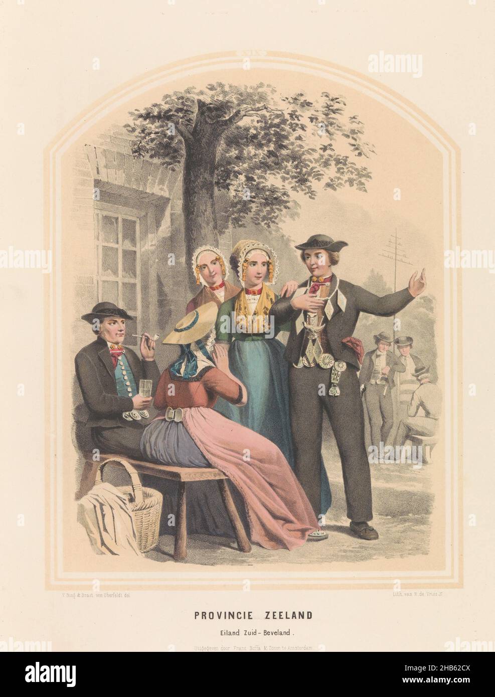 Costume di Beveland del Sud in Zeeland, 1857, Provincia di Zeeland. Isola di Zuid-Beveland, XIX (titolo in oggetto), Costume dell'isola di Zuid-Beveland nella provincia di Zeeland. Alcuni uomini e donne per strada. Illustrazione in un libro del 1857 con 56 lastre di costumi olandesi, tipografo: Ruurt de Vries (menzionato sull'oggetto), disegnatore intermedio: Jan Braet von Uberfeldt (menzionato sull'oggetto), tipografo: Olanda, disegnatore intermedio: Olanda, disegnatore intermedio: Olanda, editore: Amsterdam, 1857, carta, altezza 523 mm x larghezza 350 mm Foto Stock