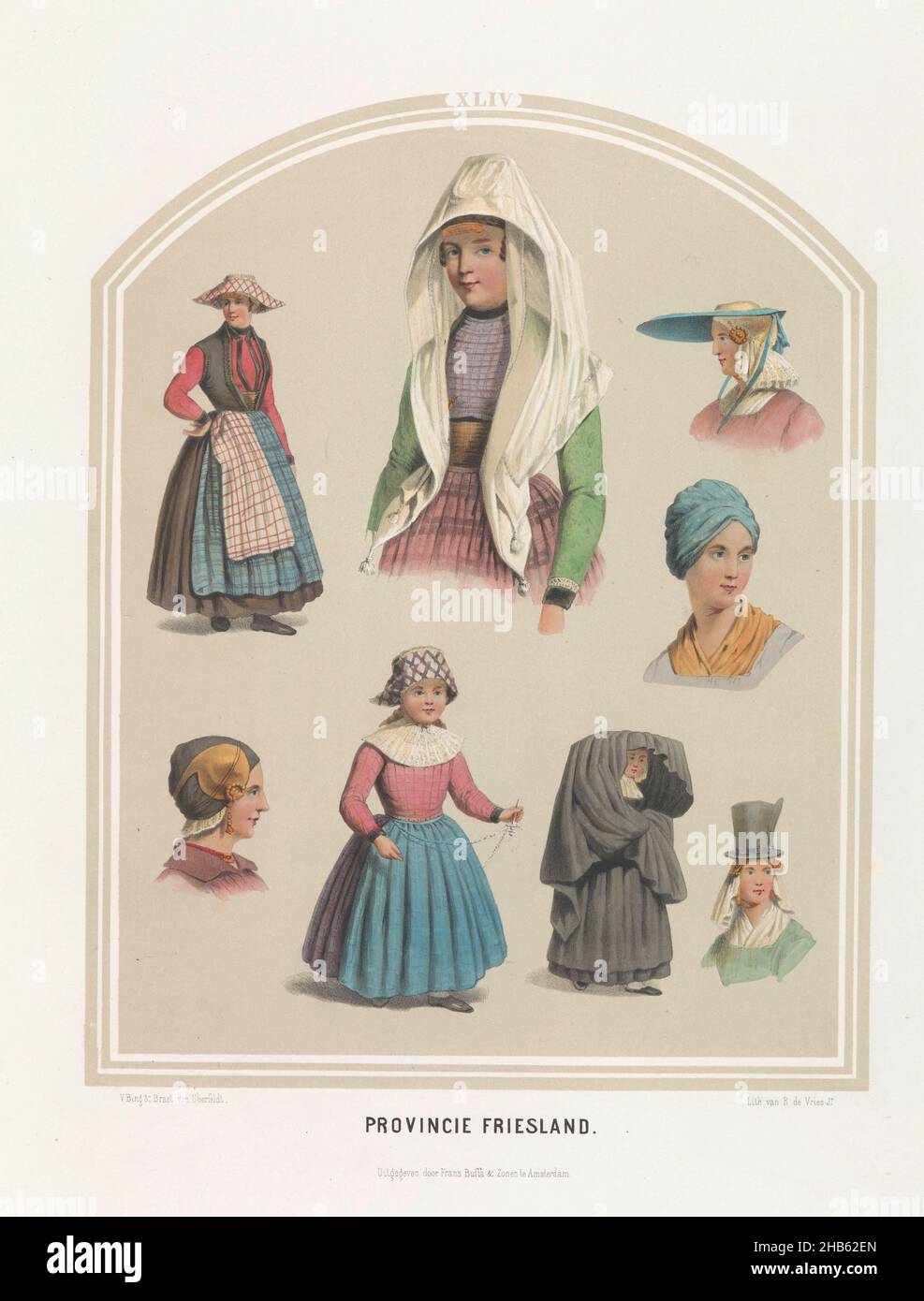 Costume di Frisia, 1857, Provincia di Frisia, XLIV (titolo in oggetto), Costume nella provincia di Frisia. Vari studi separati. Illustrazione in un libro del 1857 contenente 56 lastre di costumi olandesi, tipografo: Ruurt de Vries (menzionato sull'oggetto), disegnatore intermedio: Jan Braet von Uberfeldt (menzionato sull'oggetto), tipografo: Paesi Bassi, disegnatore intermedio: Paesi Bassi, disegnatore intermedio: Paesi Bassi, editore: Amsterdam, 1857, carta, altezza 523 mm x larghezza 350 mm Foto Stock