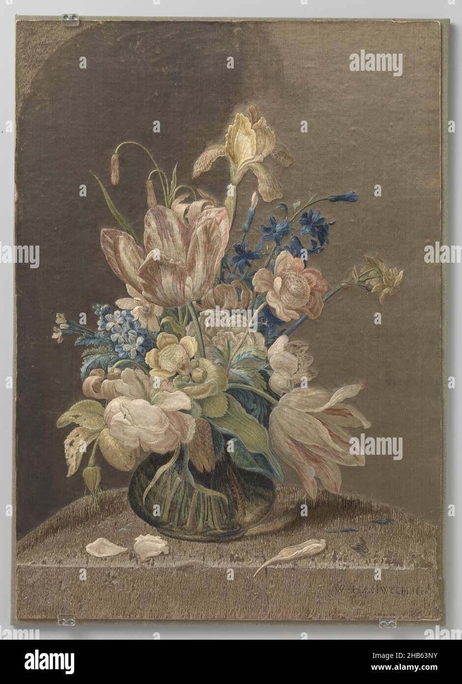 Tavola di seta ricamata multicolore, tavola ricamata raffigurante una bottiglia a fondo largo che contiene un bouquet di fiori. Il vaso è in una nicchia semicircolare. L'opera è firmata in punto di ricamo in basso a destra: W. Haelwegh 1650., costruttore: Wynant Haelwegh, Amsterdam (possibilmente), 1650, seta, ricamo, altezza 51 cm x larghezza 36,5 cm Foto Stock