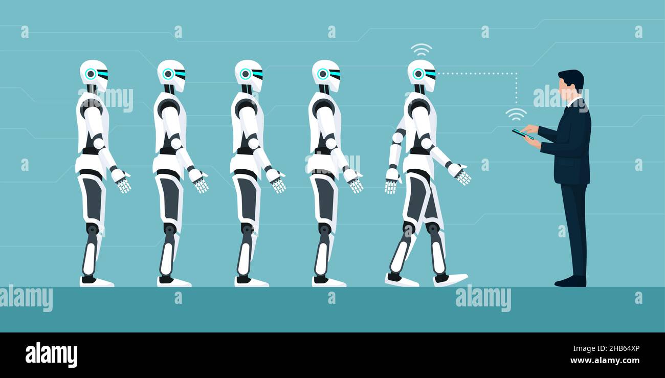 Uomo d'affari che controlla una serie di robot umanoidi utilizzando un tablet digitale Illustrazione Vettoriale
