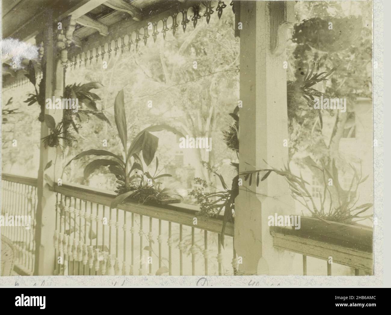 Balcone, balcone della casa del Dr. Van Hall. Paramaribo Ottobre 1908. Parte dell'album fotografico della famiglia Boom-Gongrijp a Suriname e Curaao., Andries Augustus Boom, anonimo, Paramaribo, ott-1908, supporto fotografico, altezza 80 mm x larghezza 108 mm Foto Stock