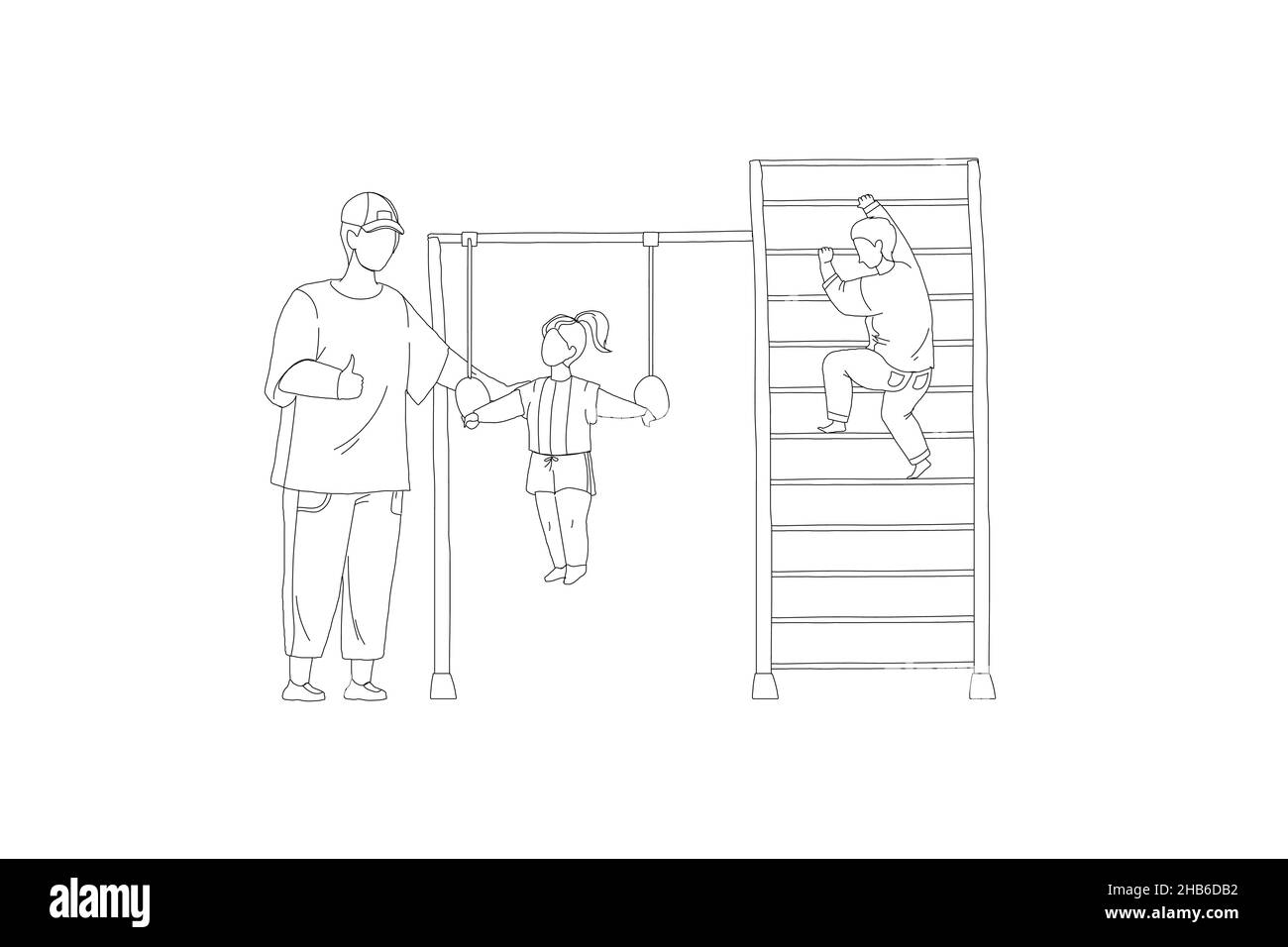 I bambini di controllo del padre che fanno il vettore di linea di addestramento di sport Illustrazione Vettoriale