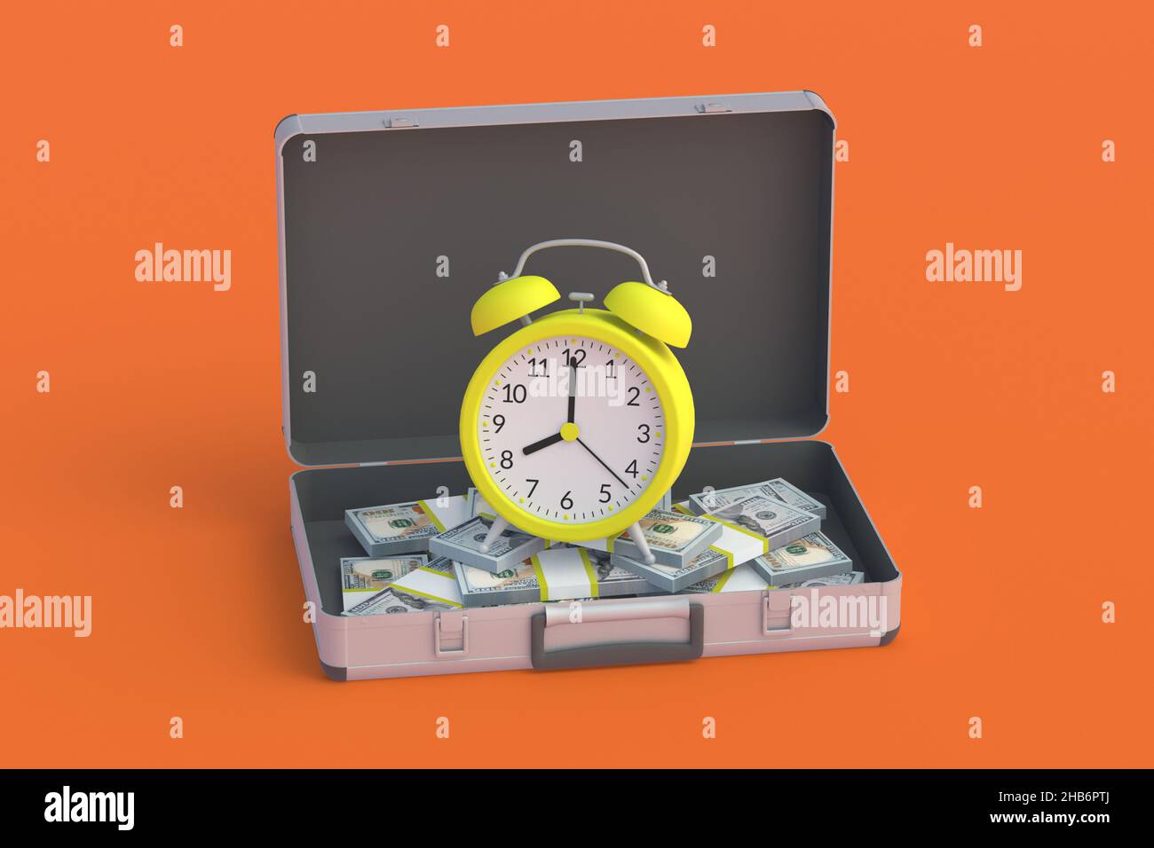 Valigia piena di banconote vicino alla sveglia. Tempo di pagare stipendi, pensioni, assistenza sociale. Il tasso di rendimento degli investimenti. Tempo e denaro. 3d giri Foto Stock