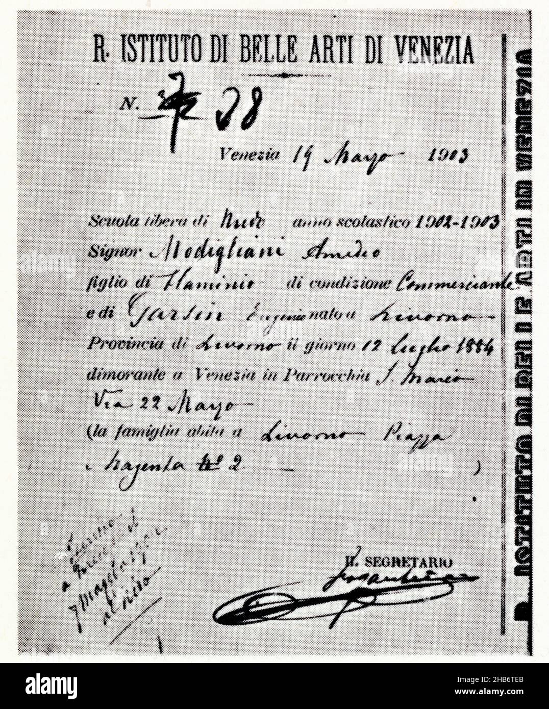Certificat d'inscription de Modigliani à l'institut des Beaux-Arts de Venise, 1903. Foto Stock
