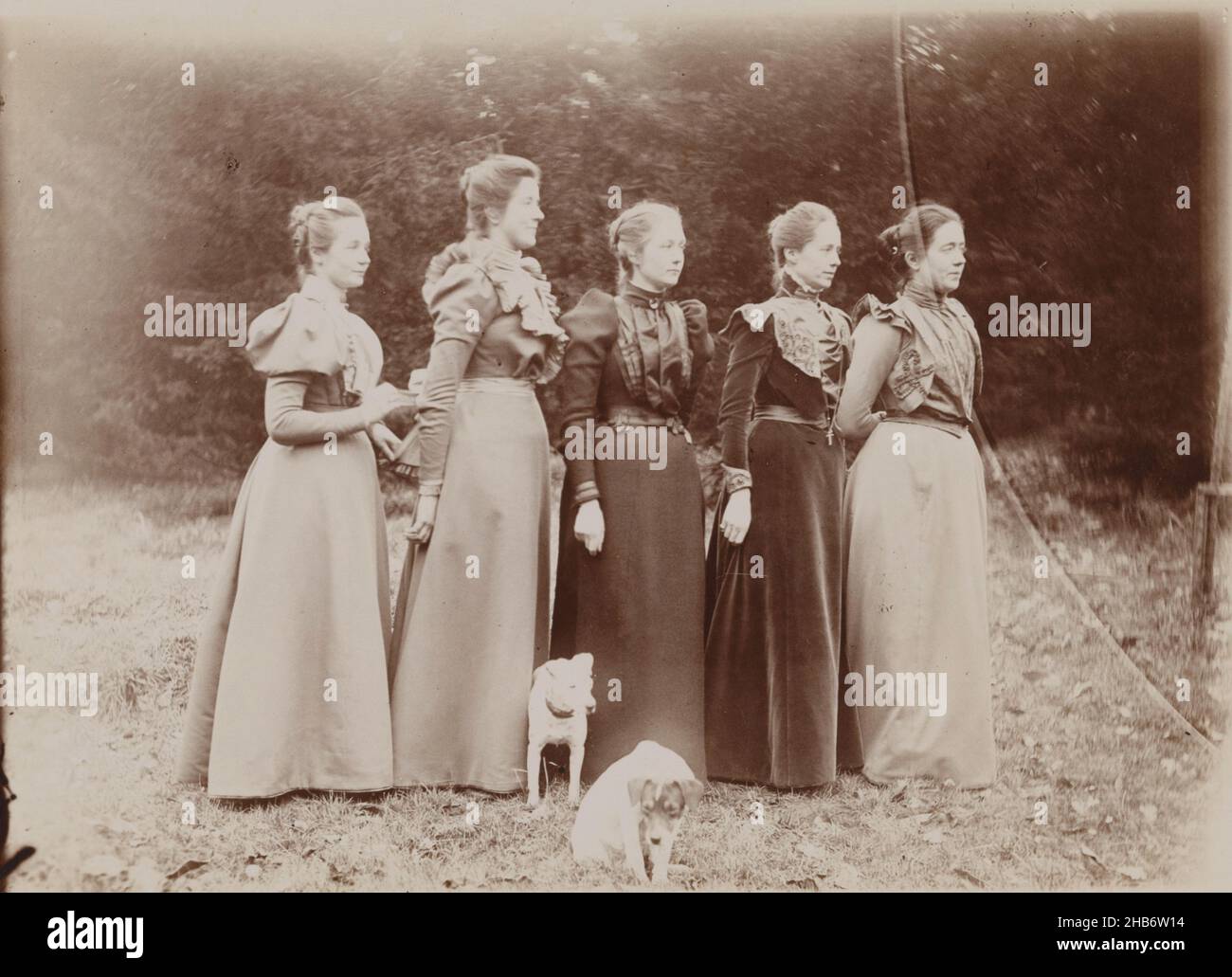 Le Sorelle Jonker | sulla brughiera, ritratto di gruppo delle sorelle Jonker nel giardino della tenuta di Rustenhoven a Maartensdijk, Cornelia Hendrika Jonker (attribuito a), Maartensdijk, c.. 1898, supporto fotografico, altezza 129 mm x larghezza 179 mm Foto Stock