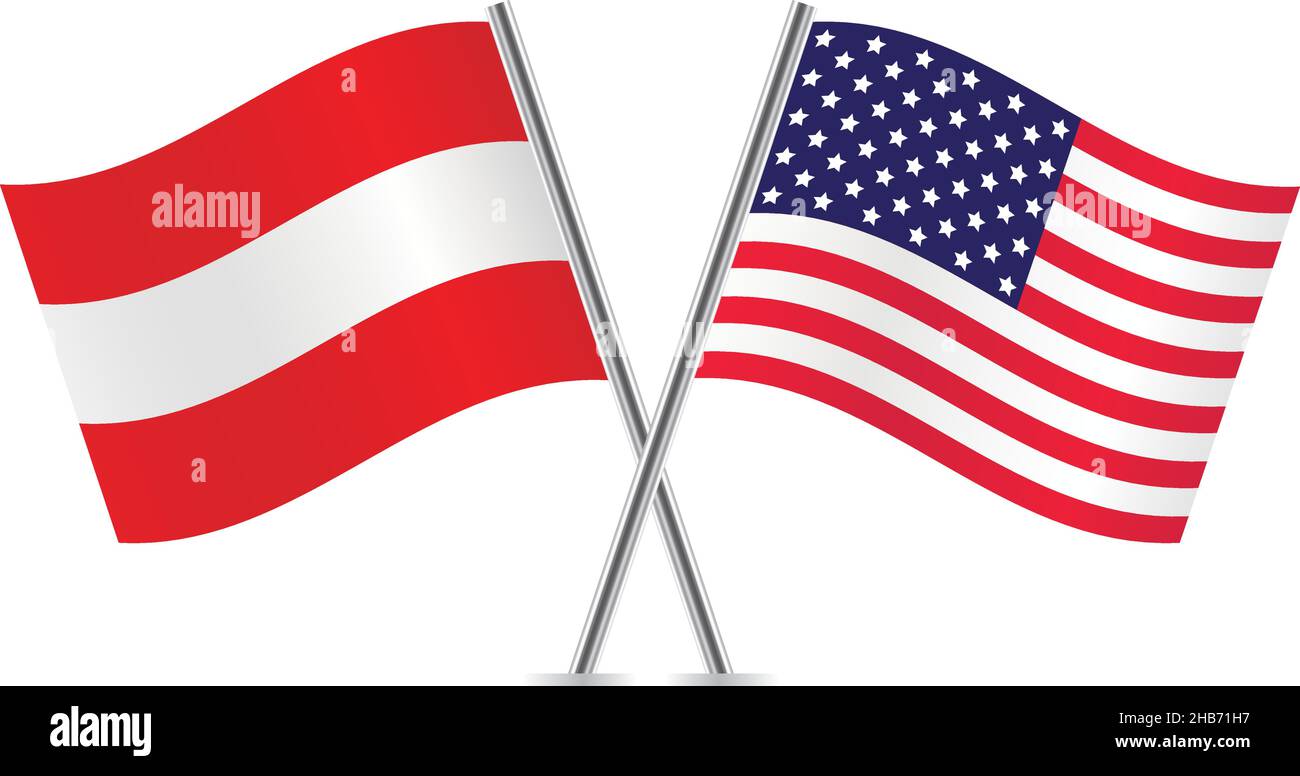 Austria e America hanno attraversato le bandiere. Bandiere austriache e americane su sfondo bianco. Set di icone vettoriali. Illustrazione vettoriale. Illustrazione Vettoriale