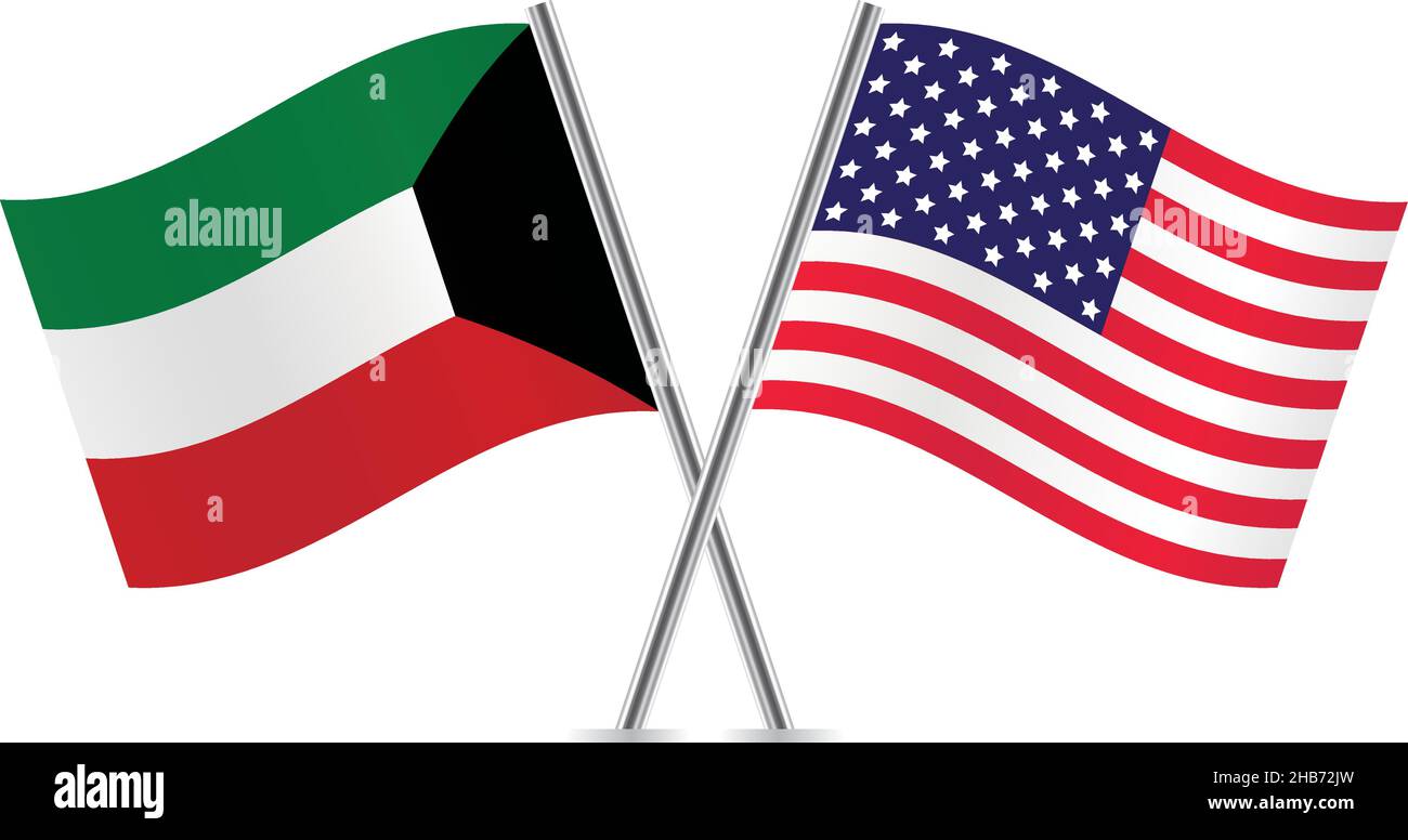 Kuwait e America hanno attraversato le bandiere. Bandiere del Kuwait e americane su sfondo bianco. Set di icone vettoriali. Illustrazione vettoriale. Illustrazione Vettoriale