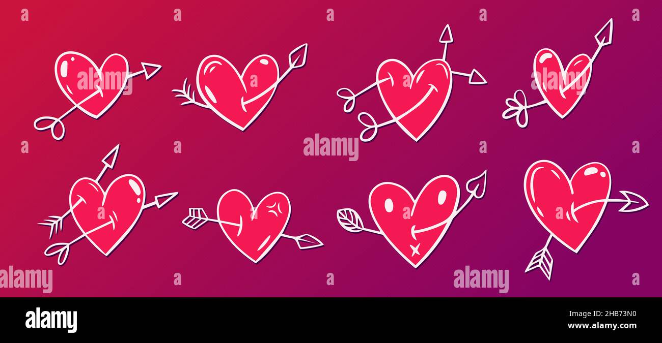 Bellezza cuori disegnati a mano con frecce. Posizioni e stili diversi. Illustrazione Vettoriale