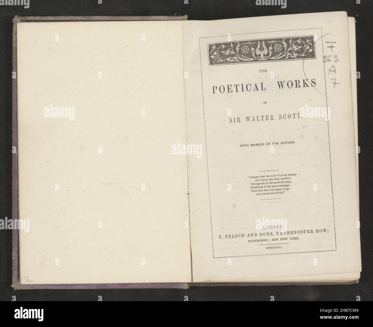 Le opere poetiche di Sir Walter Scott (titolo sull'oggetto), Walter Scott (menzionato sull'oggetto), editore: T. Nelson and Sons (menzionato sull'oggetto), Londra, 1866, lino (materiale), cartone, stampa, stampa albume, incisione, altezza 175 mm x larghezza 115 mm x spessore 33 mm Foto Stock