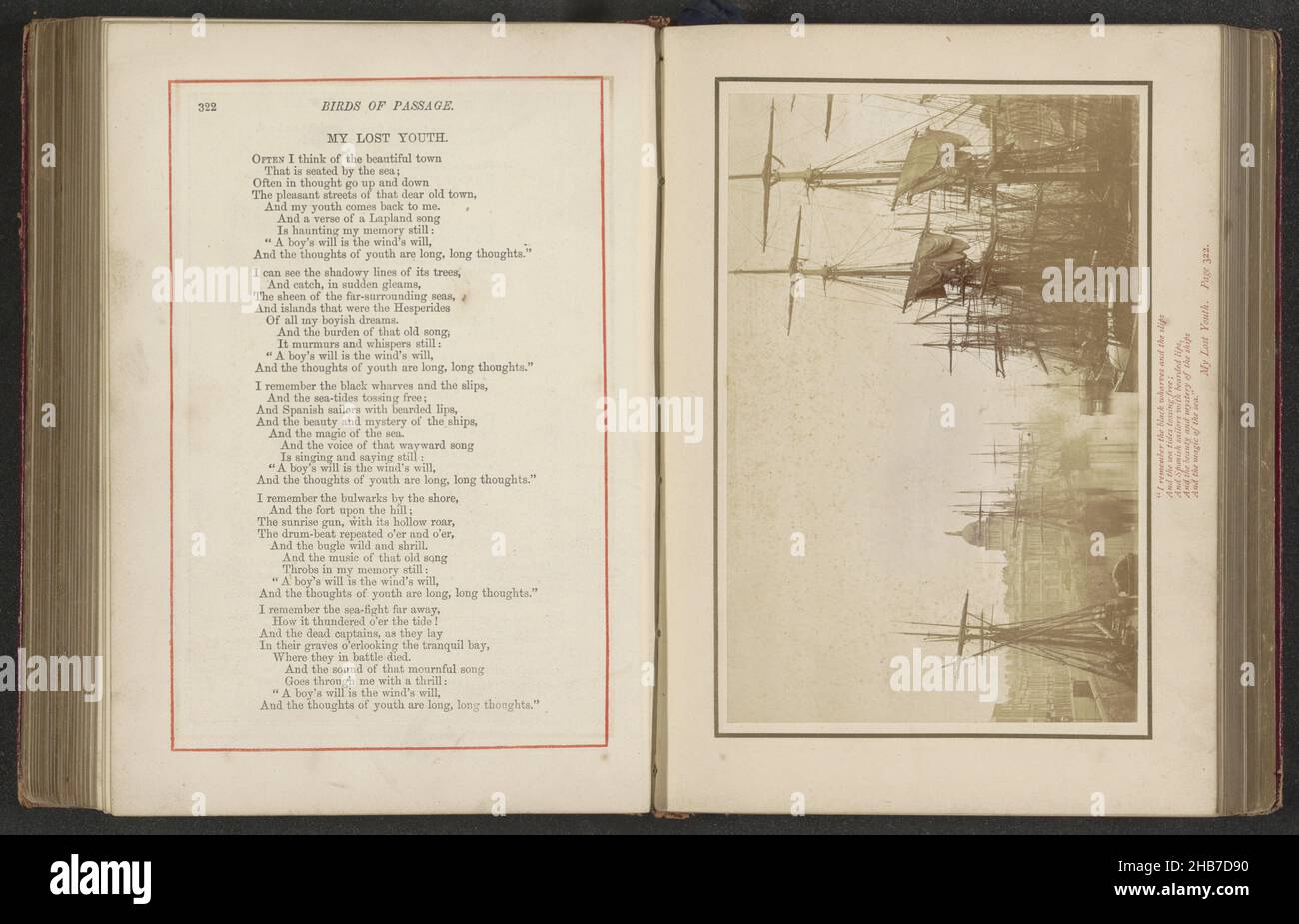 Vista di acqua con barche a vela e un edificio con una cupola in lontananza, probabilmente a Londra, My Lost Youth (titolo su oggetto), John Payne Jennings (menzionato su oggetto), c.. 1867 - prima del 1877, supporto fotografico, stampa albume, altezza 103 mm x larghezza 158 mm Foto Stock