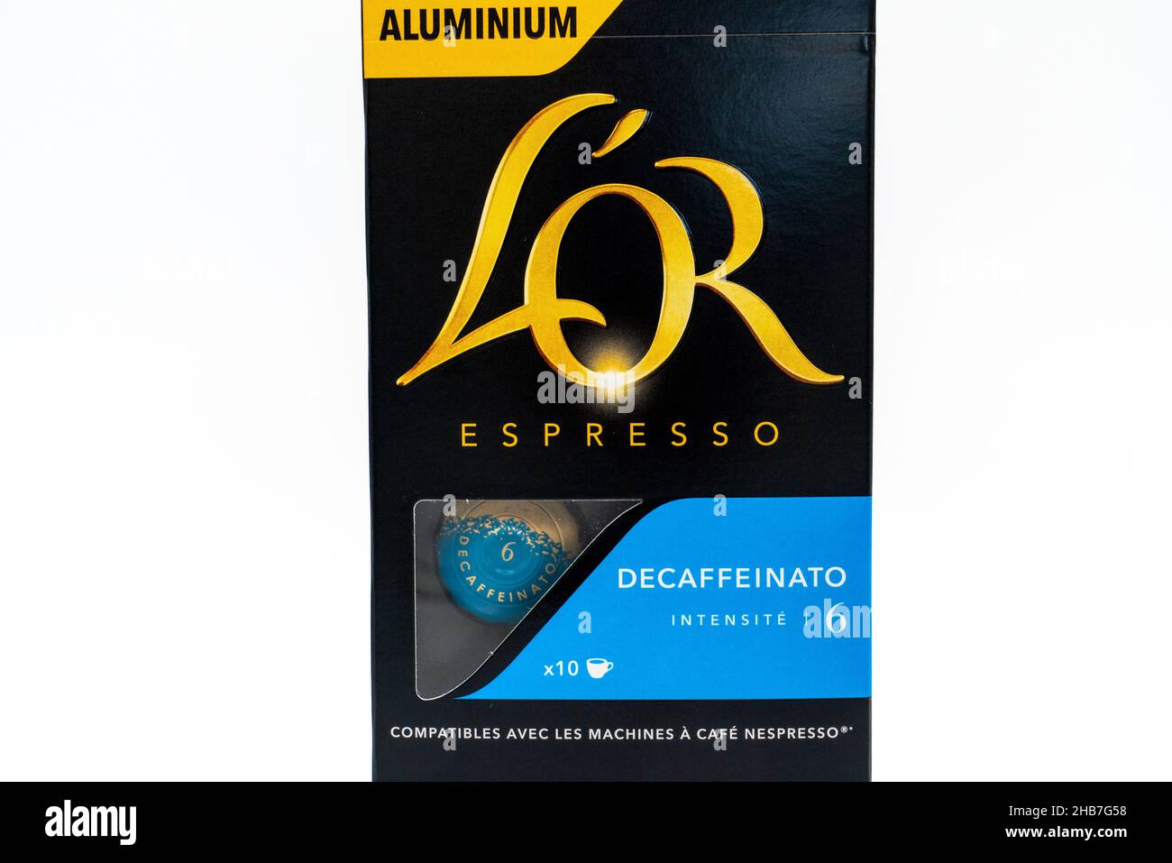 Lloret de Mar, Spagna - 12.17.2021: Capsule philips l'Or per macchina da caffè barista in scatola Foto Stock