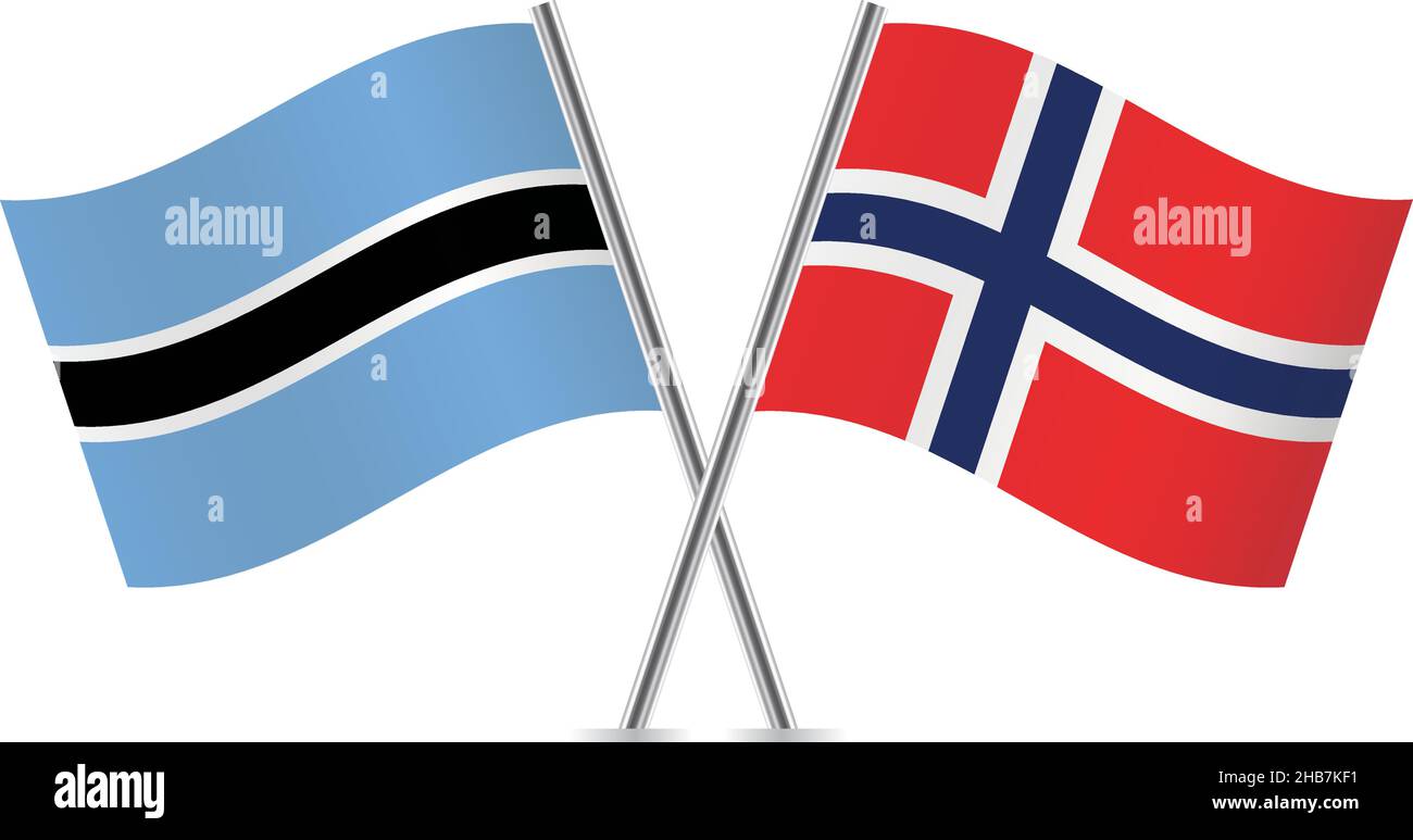 Botswana e Norvegia hanno attraversato le bandiere. Bandiere Botswanan e Norwegian su sfondo bianco. Illustrazione vettoriale. Illustrazione Vettoriale