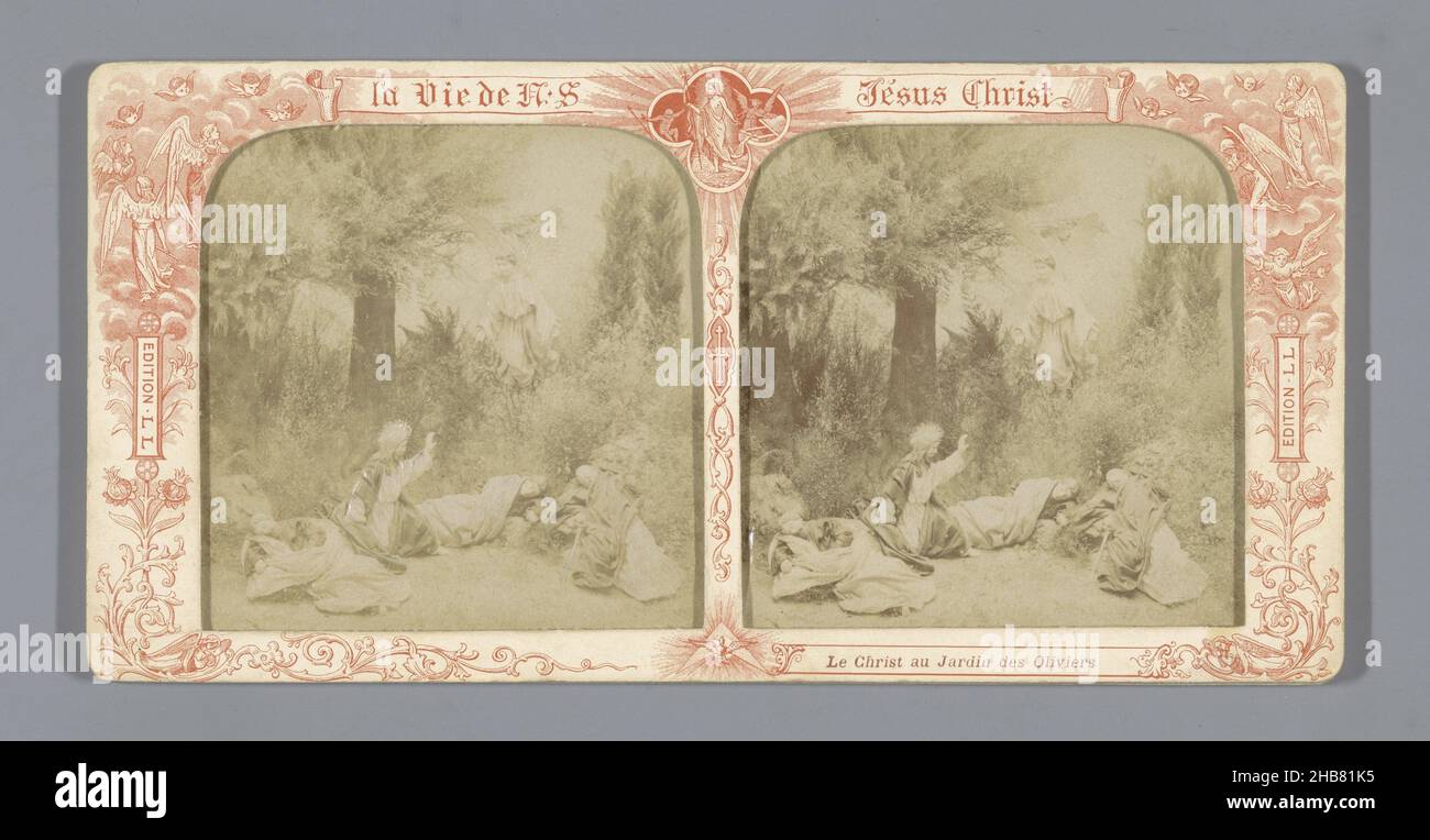 Cristo nel Giardino del Getsemani, le Christ au Jardin des Oliviers (titolo sull'oggetto), la vie de NS Jésus Cristo (titolo della serie sull'oggetto), anonimo, editore: Léon & Lévy (menzionato sull'oggetto), Parigi, 1864 - 1905, cartone, carta, stampa albume, altezza 86 mm x larghezza 176 mm Foto Stock