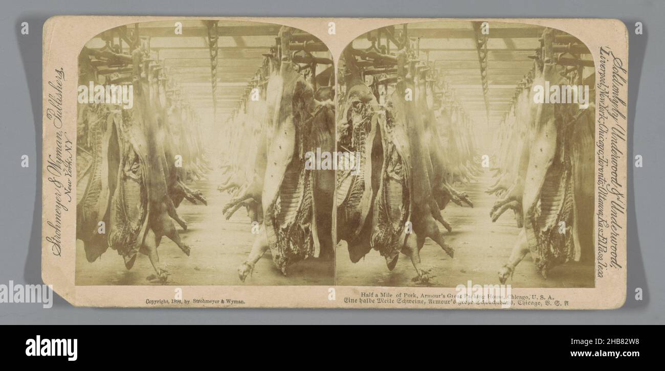 Mattatoio di Armor and Company, Chicago, mezzo miglio di maiale, Armor's Great Packing House, Chicago, U.S.A. (titolo sull'oggetto), anonimo, editore: Strohmeyer & Wyman (menzionato sull'oggetto), Chicago, editore: New York (città), editore: New York (città) (possibilmente), 1894, cartone, carta, stampa albume, altezza 88 mm x larghezza 179 mm Foto Stock