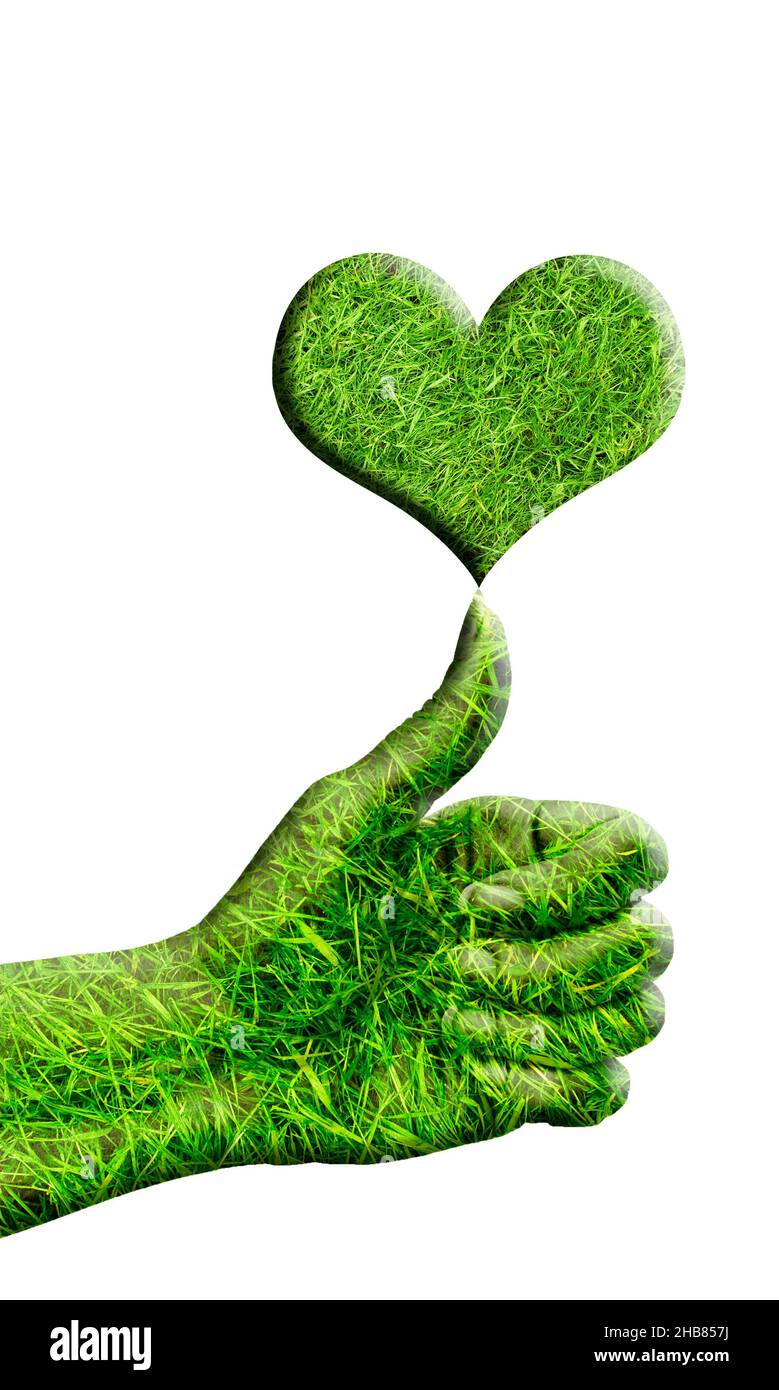 mano verde con pollice su e simbolo del cuore, amore per il concetto di natura Foto Stock