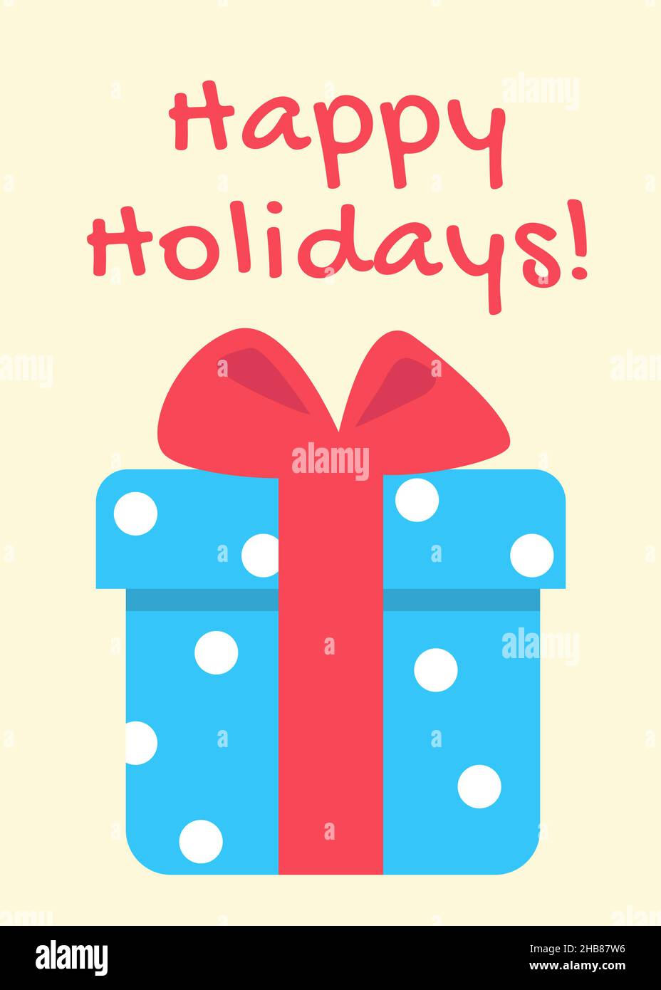 Carta Happy Holidays con scatola regalo con arco. Illustrazione carina in stile cartoon flat. Buon Natale e Felice festa di Capodanno. Stampare per la greetina Illustrazione Vettoriale