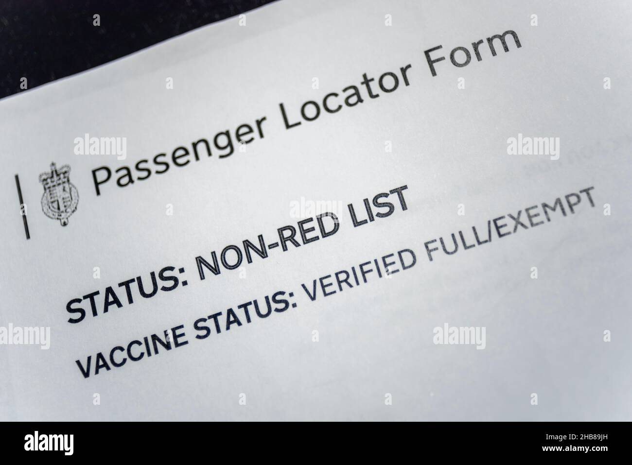 Modulo di identificazione dei passeggeri nel Regno Unito per un paese non appartenente alla lista rossa Foto Stock