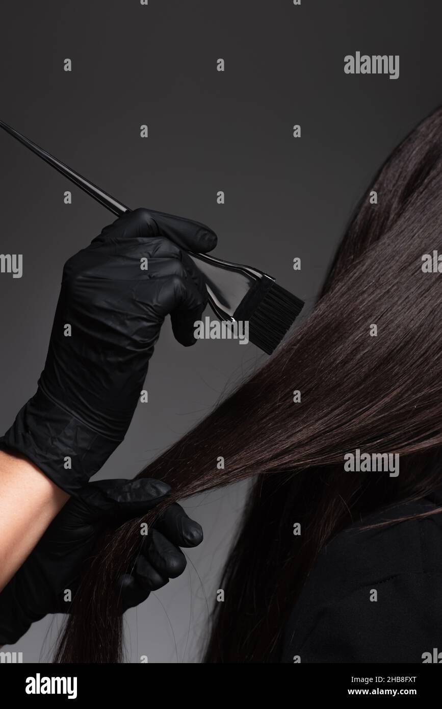 vista parziale del colorista che tiene la spazzola vicino alla donna con capelli marroni isolati su grigio scuro Foto Stock