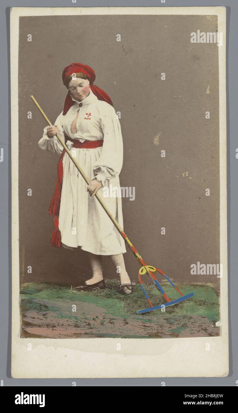 Ritratto di una donna contadina sconosciuta con rastrello in costume svedese, costumi Nationaux (titolo della serie su oggetto), Eurenius & Quist (menzionato su oggetto), Stoccolma, 1867 - 1883, carta, cartone, stampa albume, altezza 105 mm x larghezza 61 mm Foto Stock