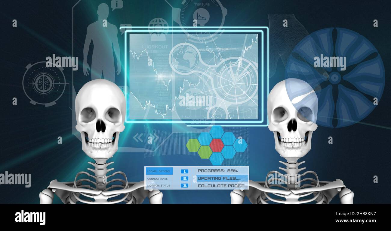 Due modelli di scheletro umano e interfaccia digitale con elaborazione dati medici su sfondo blu Foto Stock