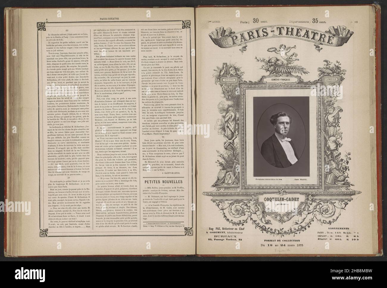 Ritratto di Alexandre Honoré Ernest Coquelin, Coquelin-Cadet (titolo sull'oggetto), Franck Marie Louis Franck (menzionato sull'oggetto), Lemercier & Cie (possibilmente), Francia, Parisprint maker: Francia, stampante: Parigi, c.. 1870 - prima del 18-Mar-1875, carta, altezza 122 mm x larghezza 85 mm Foto Stock