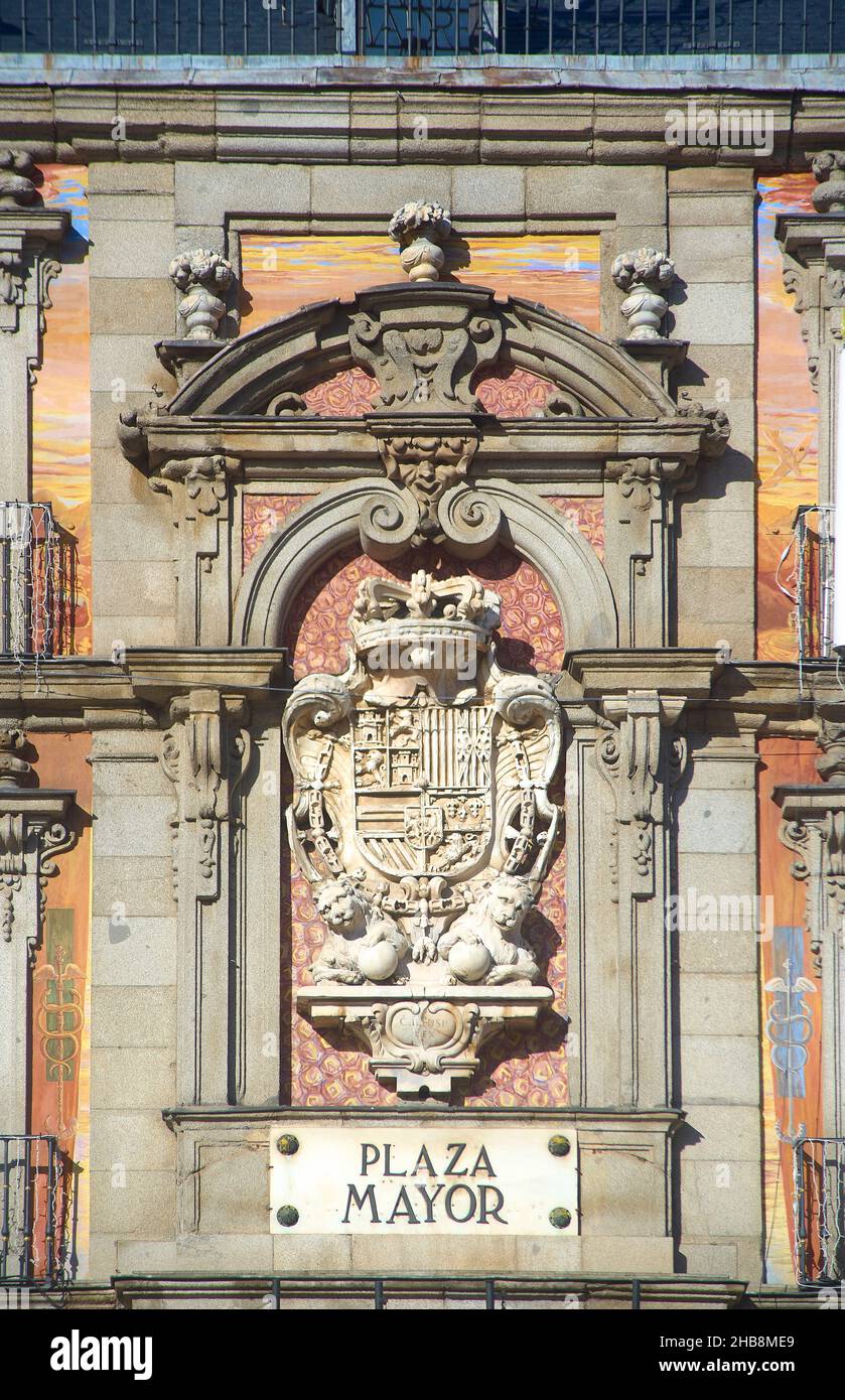 Scudo della Spagna di Carlos II. Casa de la Panaderia in Plaza Mayor. Madrid, Spagna. Foto Stock