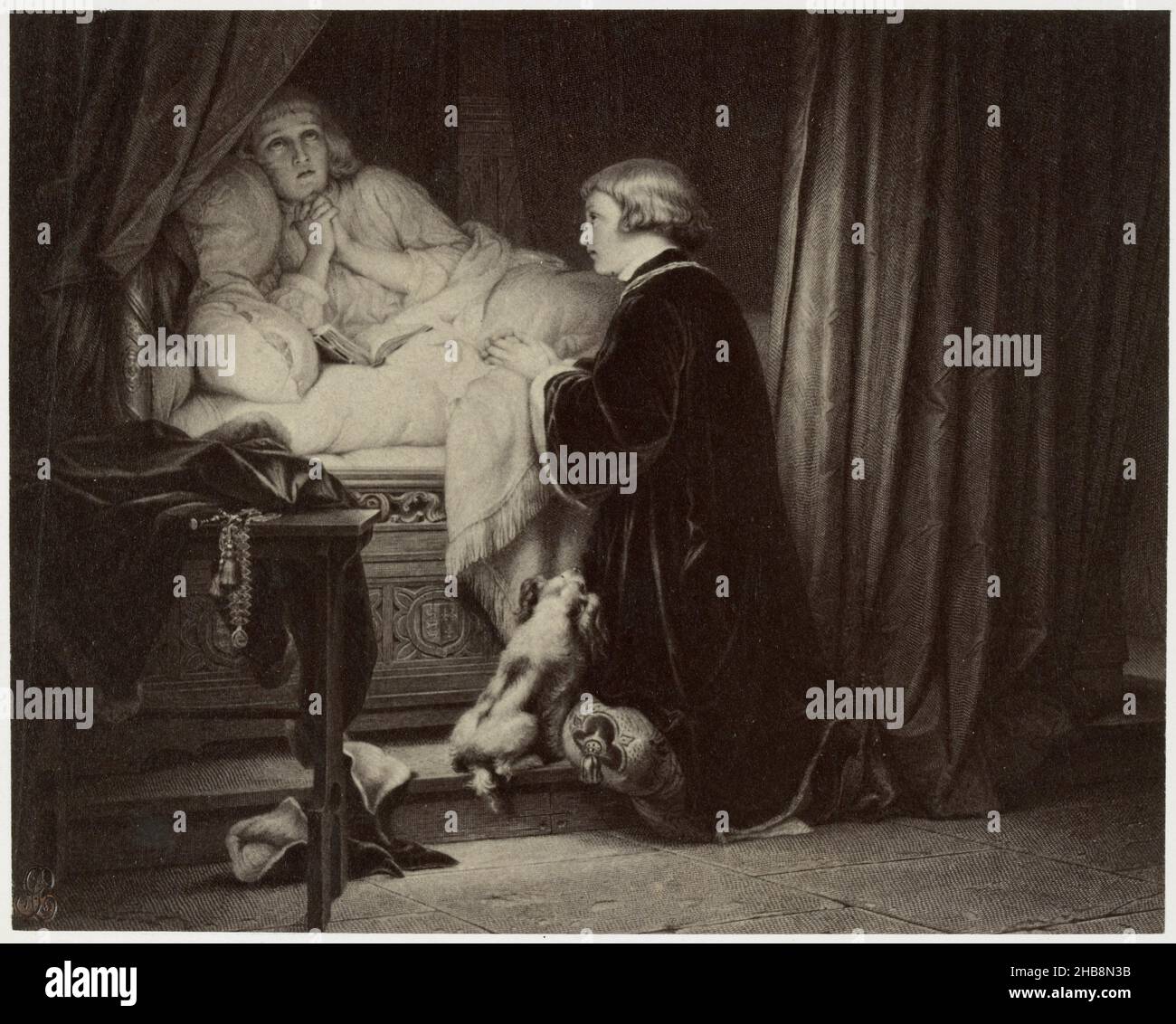 Fotoreproduzione di una stampa dopo un dipinto di Edward V e Richard di Shrewsbury alla preghiera di Paul Delaroche, Dernière prière des enfants d'Édouard (titolo sull'oggetto), Robert Jefferson Bingham (menzionato sull'oggetto), Jules Francois (menzionato sull'oggetto), Parigi, c.. 1853 - prima del 1858, carta, stampa albume, incisione, altezza 107 mm x larghezza 135 mm altezza 184 mm x larghezza 200 mm Foto Stock