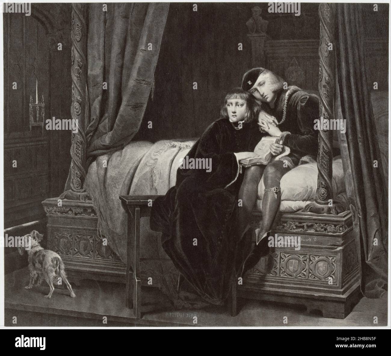 Fotoreproduzione di una stampa dopo un dipinto di Edward V e Richard di Shrewsbury nella Torre di Londra di Paul Delaroche, Les enfants d'Édouard (titolo sull'oggetto), Robert Jefferson Bingham (menzionato sull'oggetto), H. Prudhomme (menzionato sull'oggetto), Parigi, c.. 1853 - prima del 1858, carta, stampa albume, incisione, altezza 123 mm x larghezza 146 mm altezza 202 mm x larghezza 225 mm Foto Stock