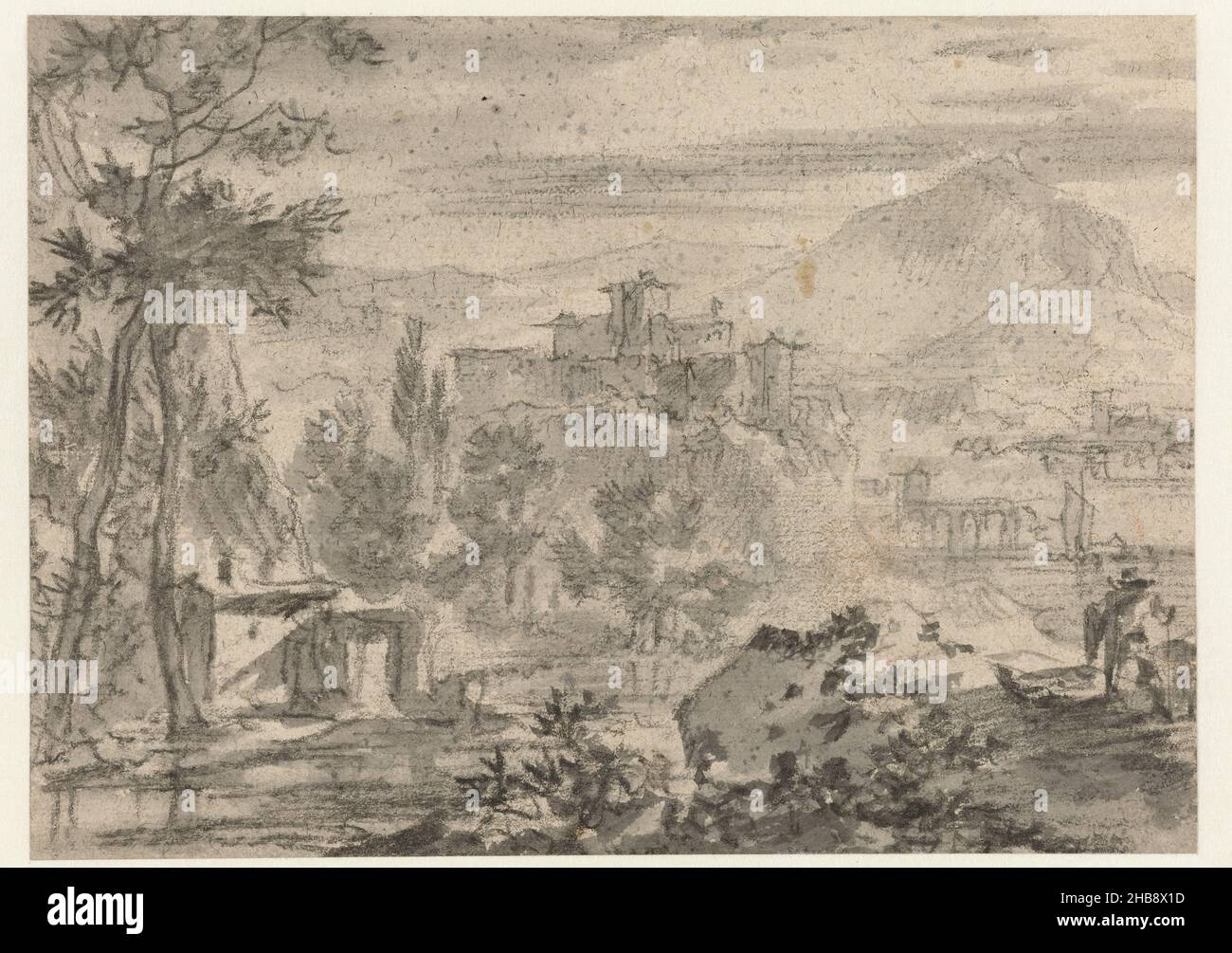 Paesaggio italiano, al centro si trova un grande castello su una montagna ripida. Un fiume scorre alla base della montagna e un uomo in un cappello a larga sposa si trova sulla destra., disegnatore: Nicolaes Pietersz. Berchem, relatore: Jan Asselijn, 1620 - 1700, carta, gesso, spazzola, altezza 175 mm x larghezza 243 mm Foto Stock