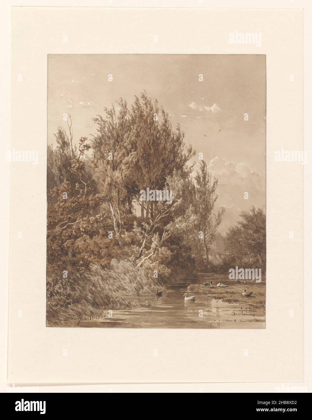 Paesaggio con acqua con anatre, disegnatore: Jan Willem van Borselen, 1861, carta, matita, pennello, altezza 293 mm x larghezza 235 mm Foto Stock